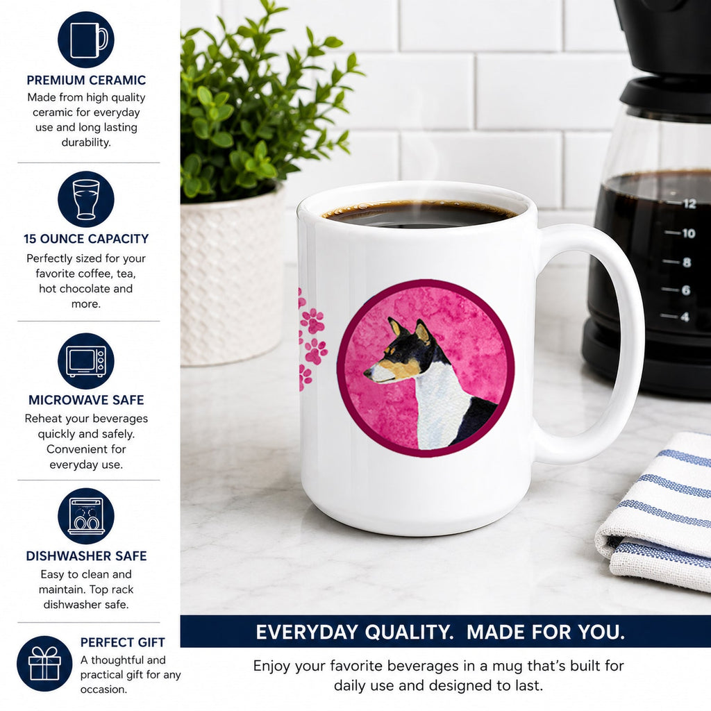 Pink Basenji Ceramic Coffee Mug 15 oz Decorative Large C Handle Mug Cup for Tea, Cocoa Hot Chocolate