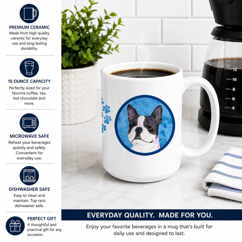 Blue Boston Terrier Ceramic Coffee Mug 15 oz Decorative Large C Handle Mug Cup for Tea, Cocoa Hot Chocolate