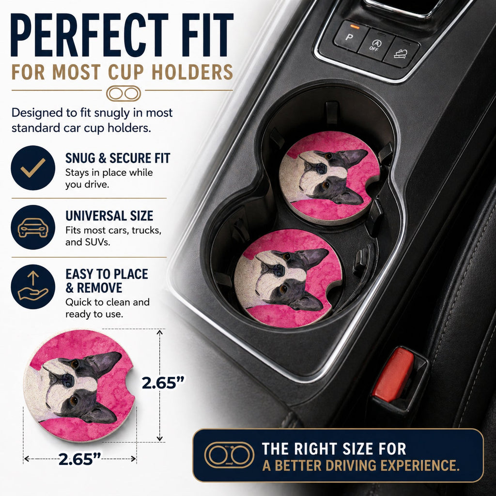 Pink Boston Terrier Set of 2 Cup Holder Car Coasters Absorbent Round Sandstone Coasters Gifts for Men or Women, 2.5, Multicolor