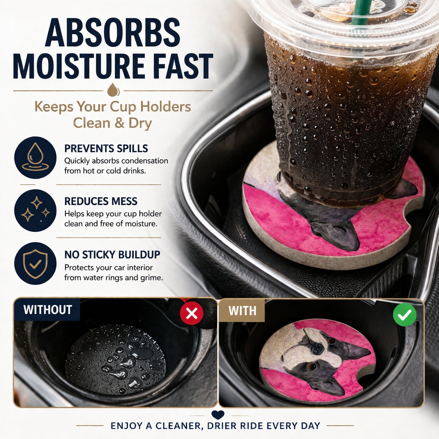 Pink Boston Terrier Set of 2 Cup Holder Car Coasters Absorbent Round Sandstone Coasters Gifts for Men or Women, 2.5, Multicolor