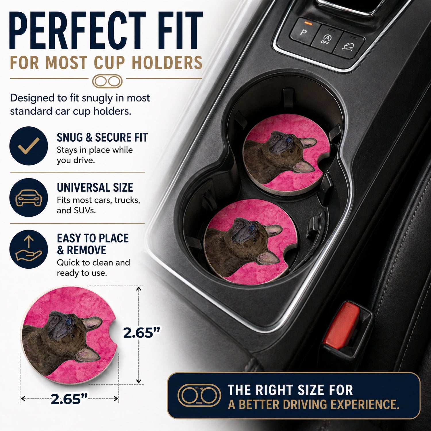 Pink French Bulldog Set of 2 Cup Holder Car Coasters Absorbent Round Sandstone Coasters Gifts for Men or Women, 2.5, Multicolor
