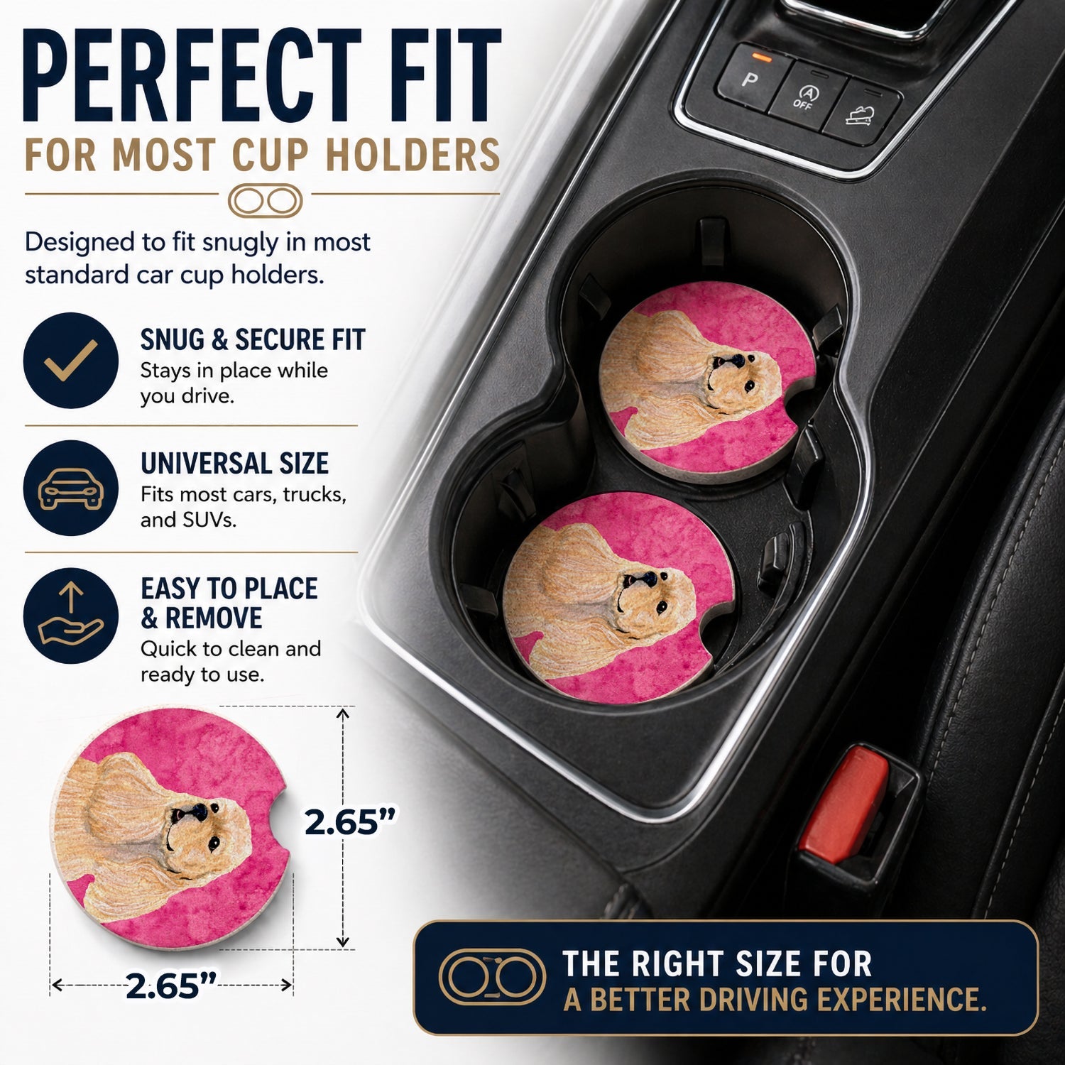 Pink Buff Cocker Spaniel Set of 2 Cup Holder Car Coasters Absorbent Round Sandstone Coasters Gifts for Men or Women, 2.5, Multicolor