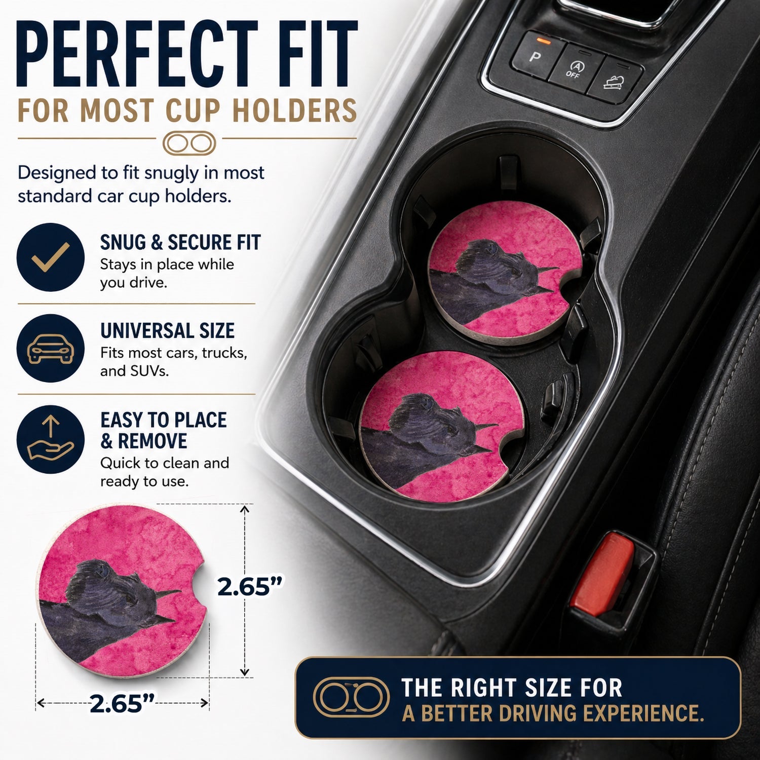Pink Schnauzer Set of 2 Cup Holder Car Coasters Absorbent Round Sandstone Coasters Gifts for Men or Women, 2.5, Multicolor