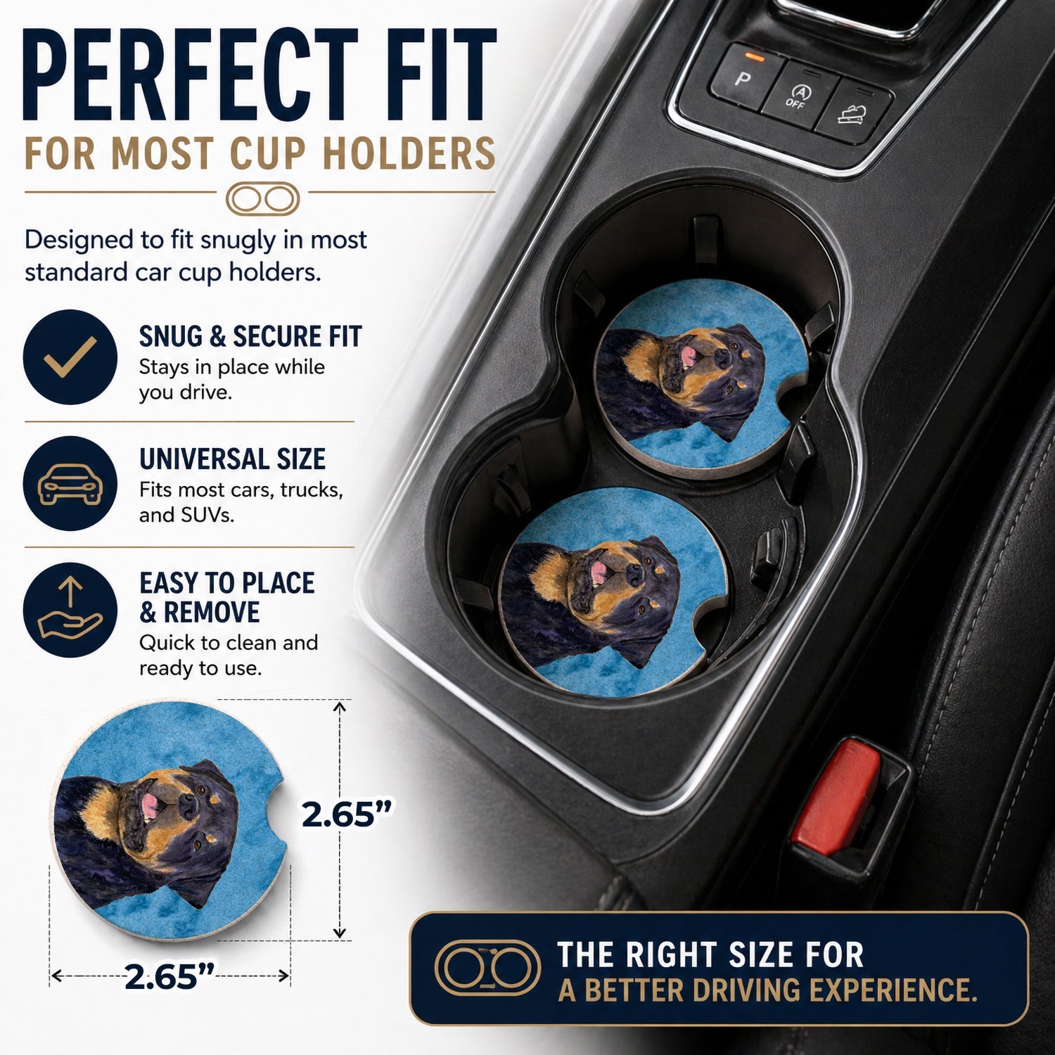 Blue Rottweiler Set of 2 Cup Holder Car Coasters Absorbent Round Sandstone Coasters Gifts for Men or Women, 2.5, Multicolor