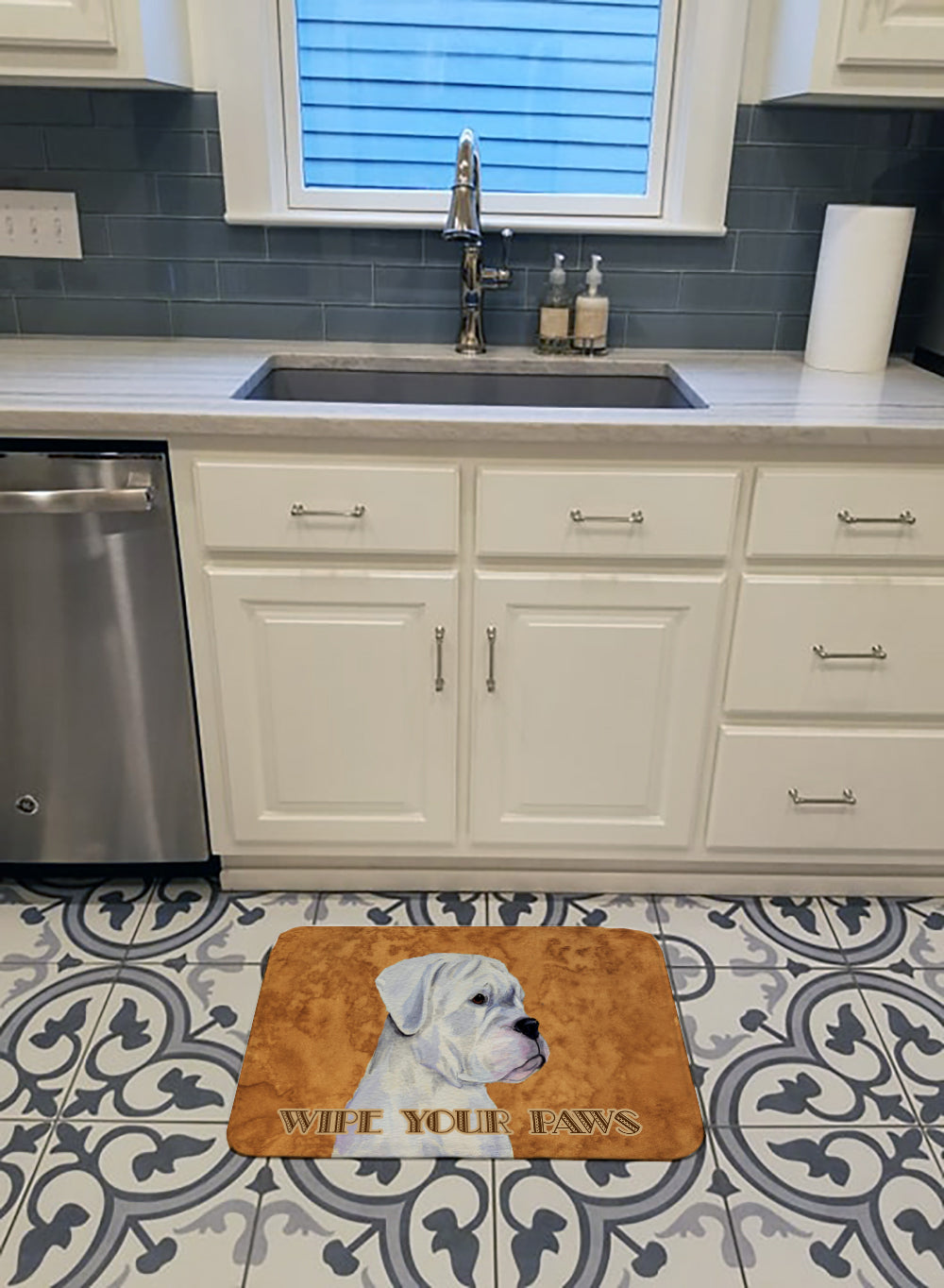 White Boxer Wipe your Paws Memory Foam Kitchen Mat Machine Washable Anti-Fatigue Cushion Comfort Bath or Kitchen Rug