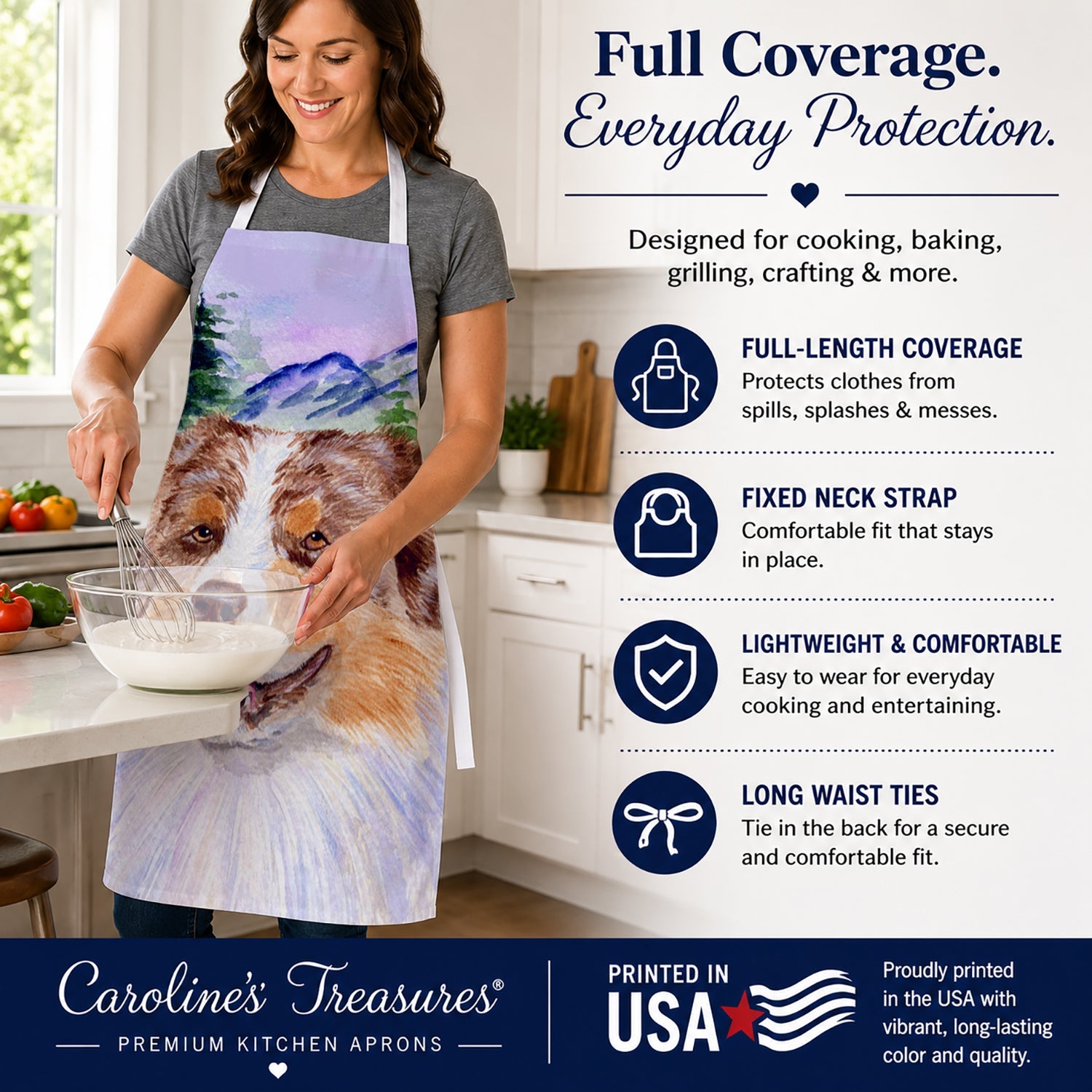 Australian Shepherd Apron Cooking Kitchen Server Baking Crafts Gardening for Adult Women Men, Unisex, Large, Multicolor