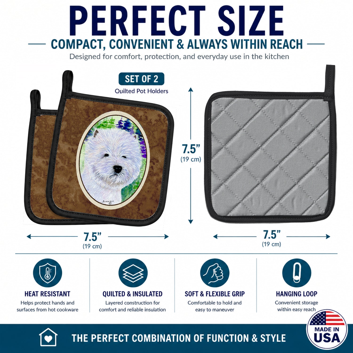 Westie Pot Holder Set of 2 Heat Resistant Quilted Hot Pads 7.5 x 7.5 Inch, Insulated Kitchen Trivets for Cooking & Baking
