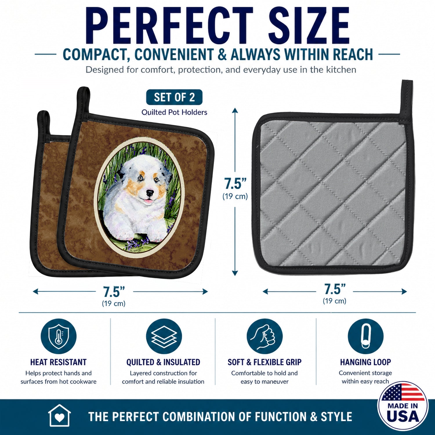 Australian Shepherd Pot Holder Set of 2 Heat Resistant Quilted Hot Pads 7.5 x 7.5 Inch, Insulated Kitchen Trivets for Cooking & Baking