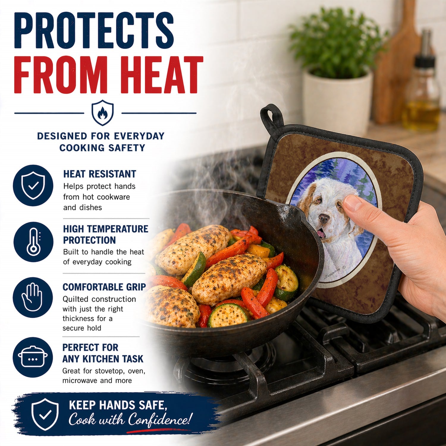 Clumber Spaniel Pot Holder Set of 2 Heat Resistant Quilted Hot Pads 7.5 x 7.5 Inch, Insulated Kitchen Trivets for Cooking & Baking