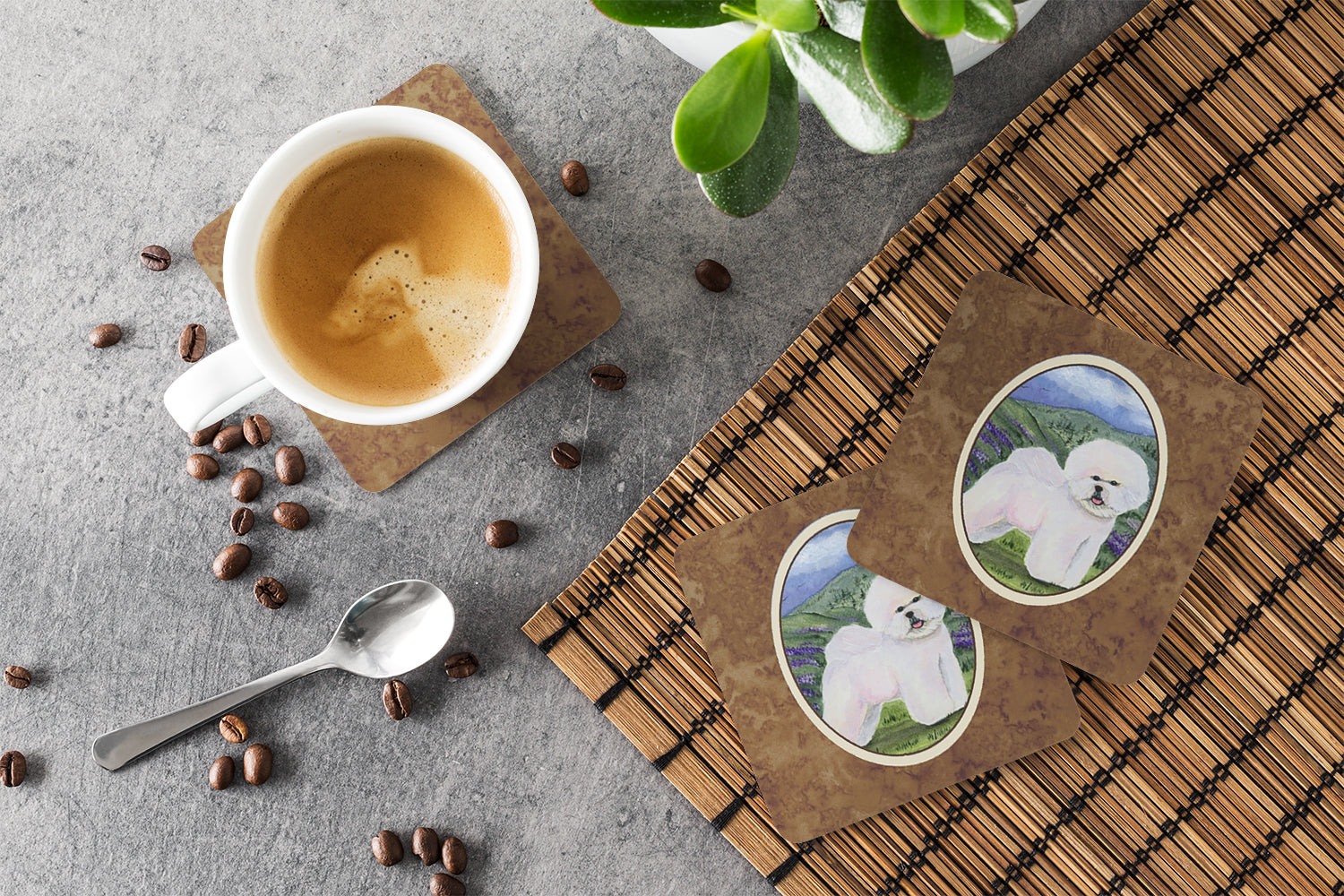 Bichon Frise Foam Coasters Set of 4 Cup Coasters for Indoor Outdoor, Tabletop Protection, Anti Slip, Mouse pad Material