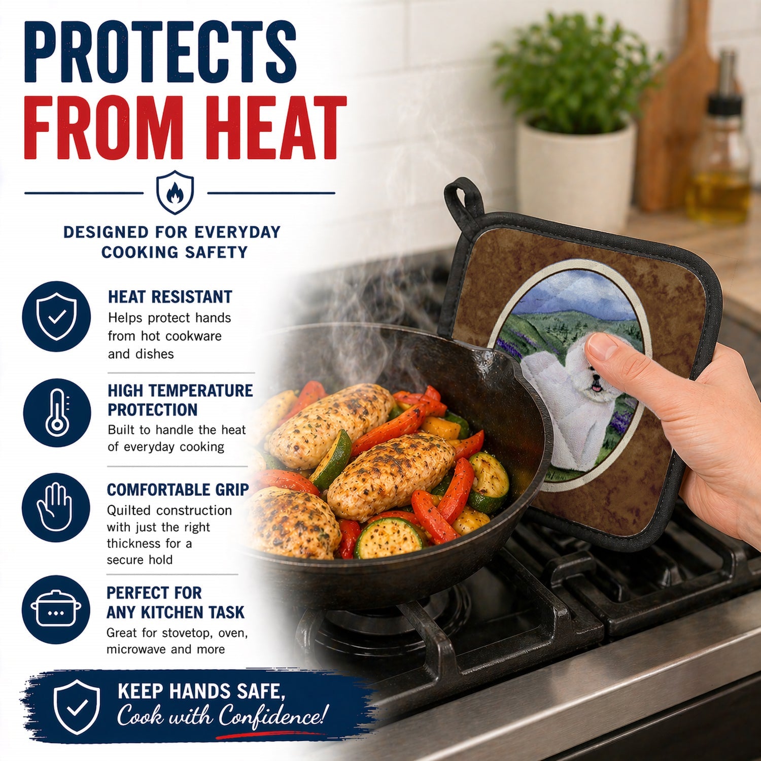 Bichon Frise Pot Holder Set of 2 Heat Resistant Quilted Hot Pads 7.5 x 7.5 Inch, Insulated Kitchen Trivets for Cooking & Baking