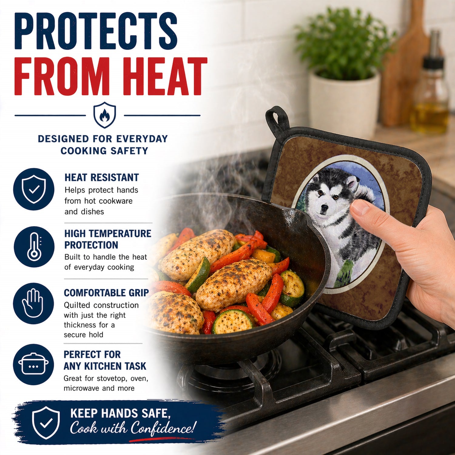 Alaskan Malamute Pot Holder Set of 2 Heat Resistant Quilted Hot Pads 7.5 x 7.5 Inch, Insulated Kitchen Trivets for Cooking & Baking