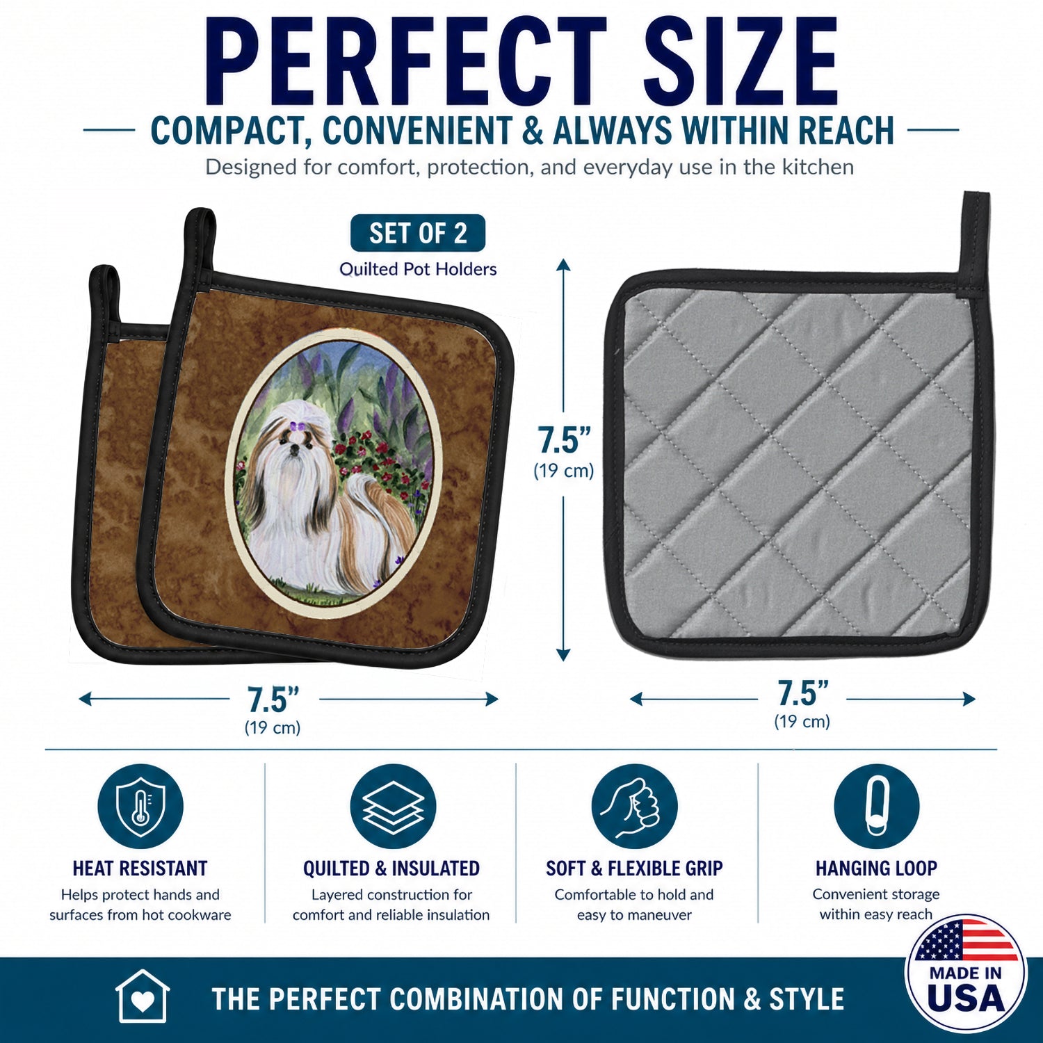 Shih Tzu Pot Holder Set of 2 Heat Resistant Quilted Hot Pads 7.5 x 7.5 Inch, Insulated Kitchen Trivets for Cooking & Baking