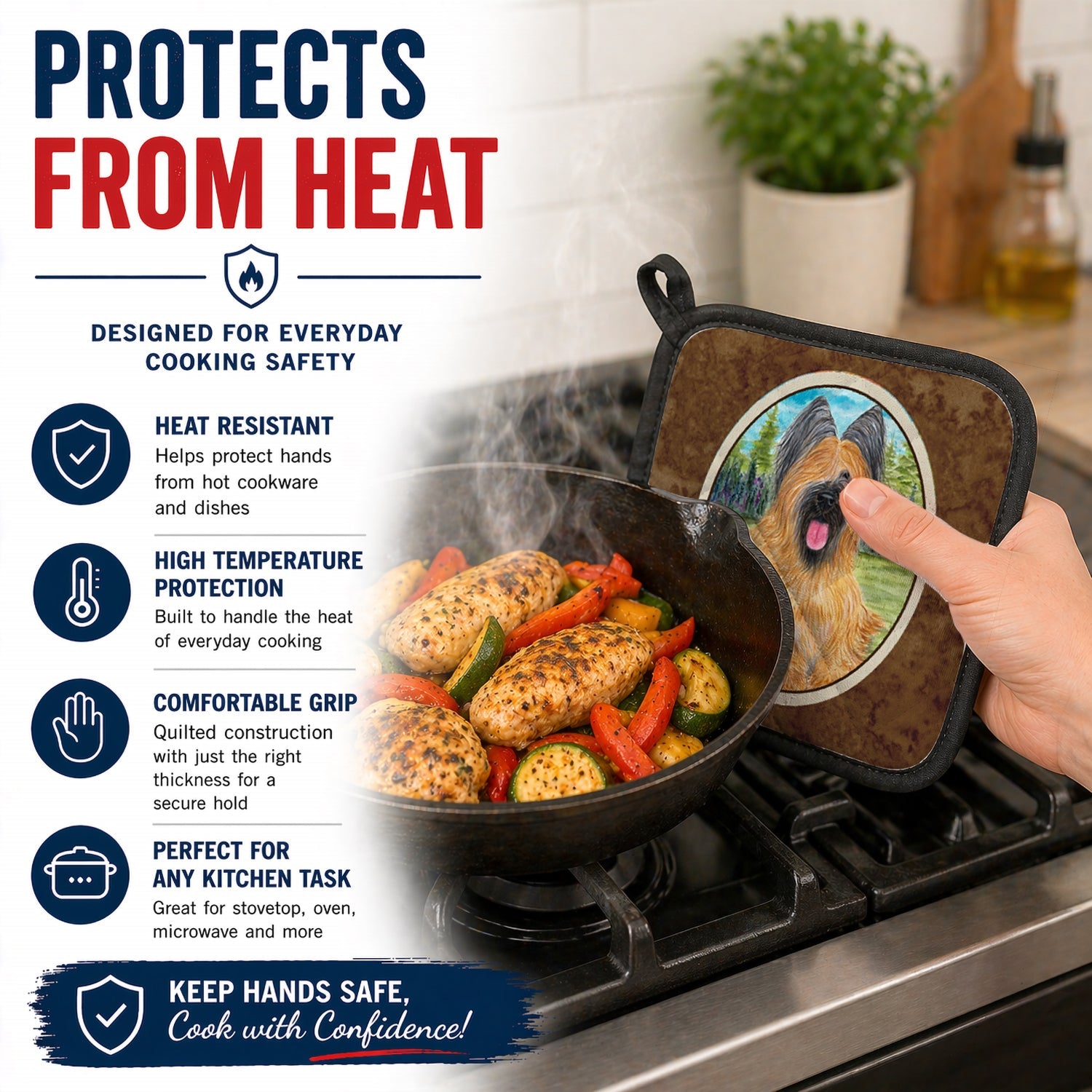 Briard Pot Holder Set of 2 Heat Resistant Quilted Hot Pads 7.5 x 7.5 Inch, Insulated Kitchen Trivets for Cooking & Baking