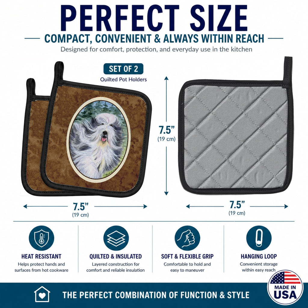 Bearded Collie Pot Holder Set of 2 Heat Resistant Quilted Hot Pads 7.5 x 7.5 Inch, Insulated Kitchen Trivets for Cooking & Baking