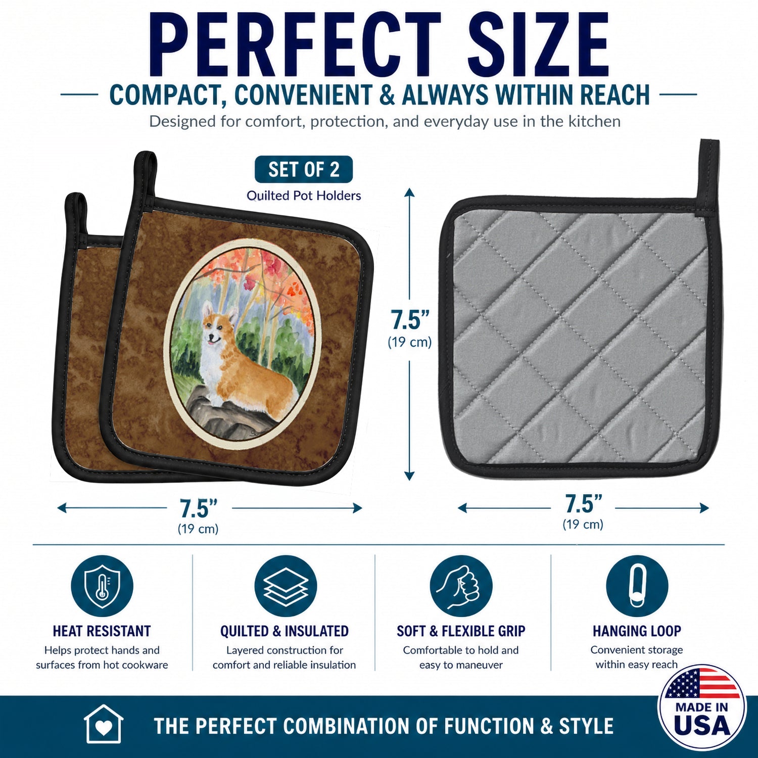 Corgi Pot Holder Set of 2 Heat Resistant Quilted Hot Pads 7.5 x 7.5 Inch, Insulated Kitchen Trivets for Cooking & Baking