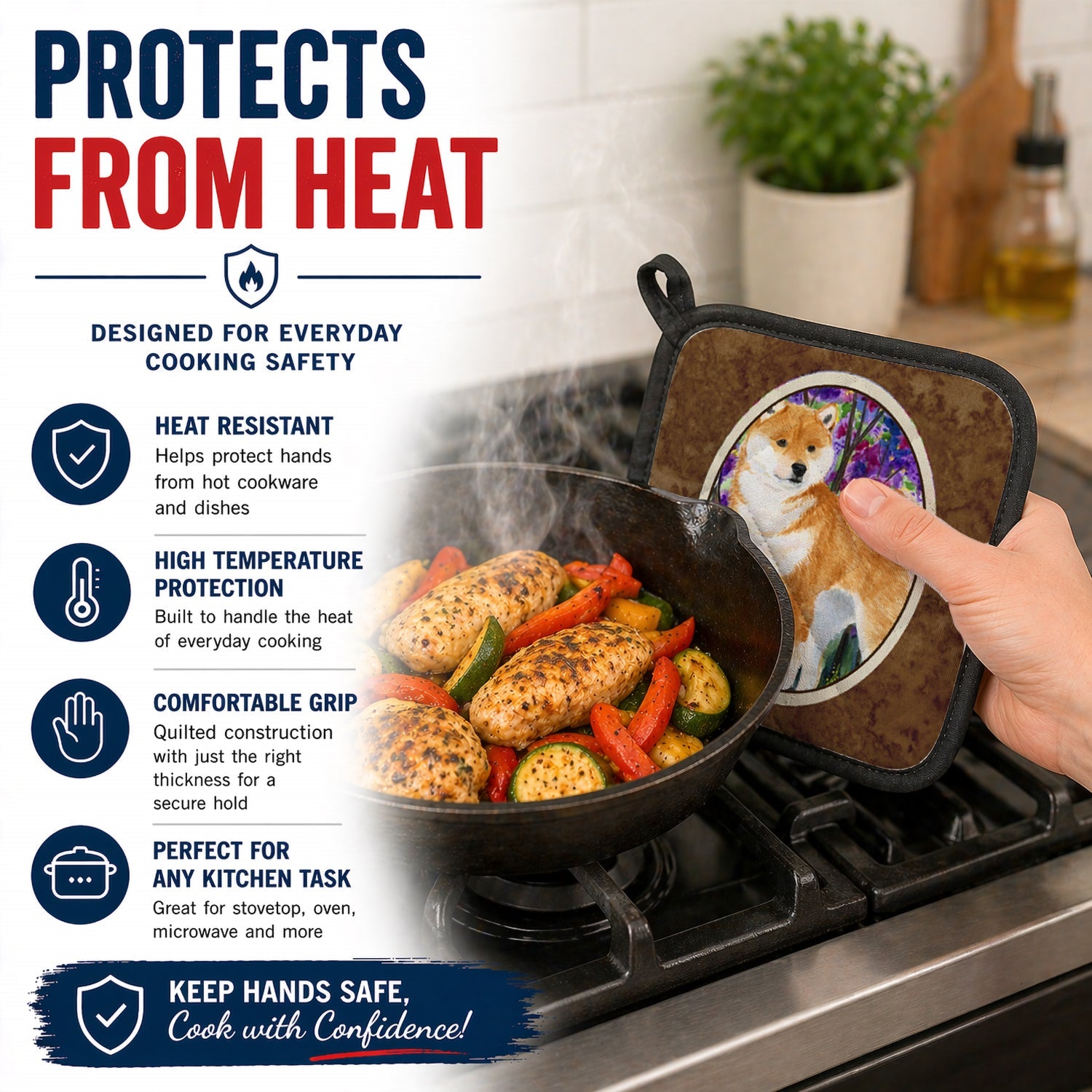 Shiba Inu Pot Holder Set of 2 Heat Resistant Quilted Hot Pads 7.5 x 7.5 Inch, Insulated Kitchen Trivets for Cooking & Baking