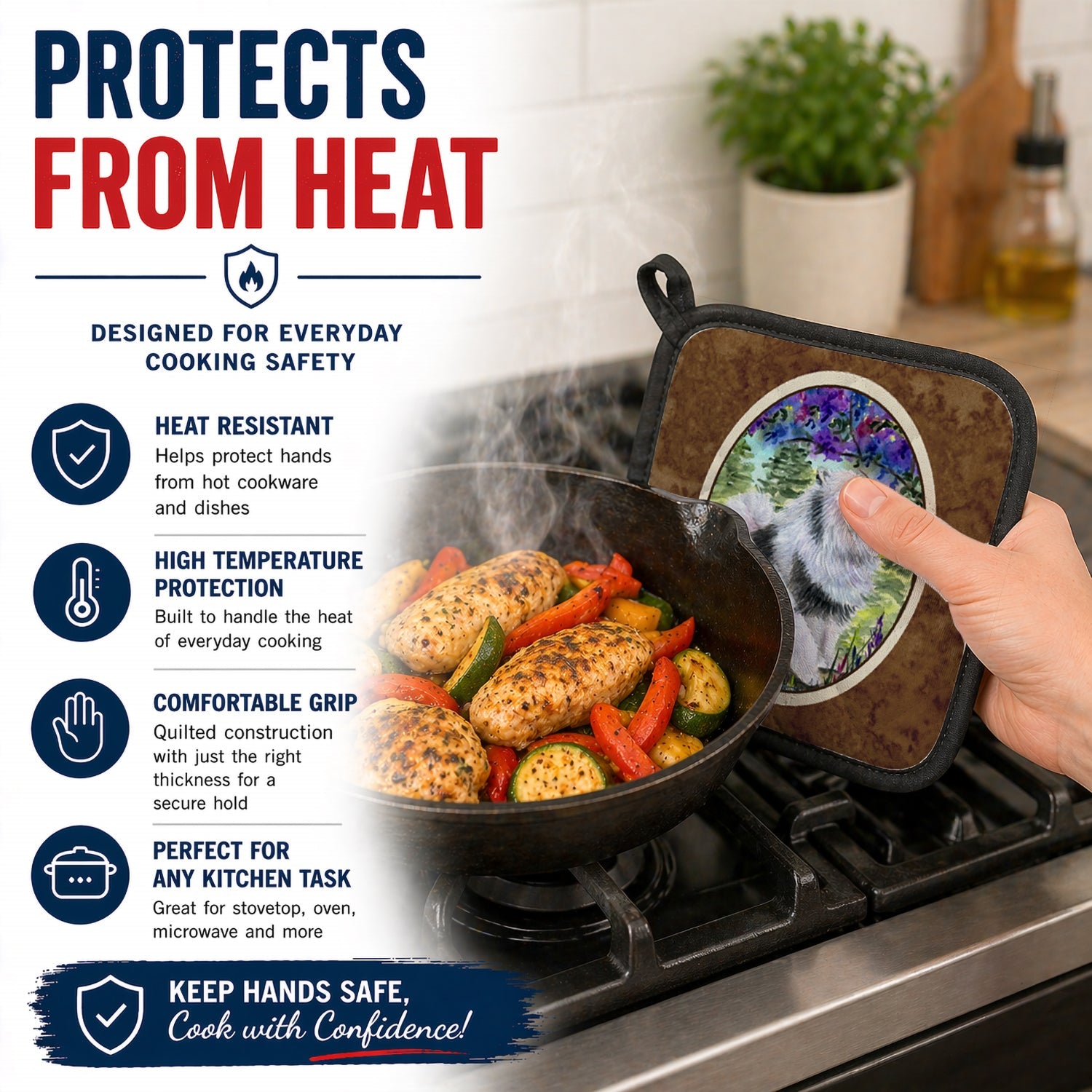 Keeshond Pot Holder Set of 2 Heat Resistant Quilted Hot Pads 7.5 x 7.5 Inch, Insulated Kitchen Trivets for Cooking & Baking