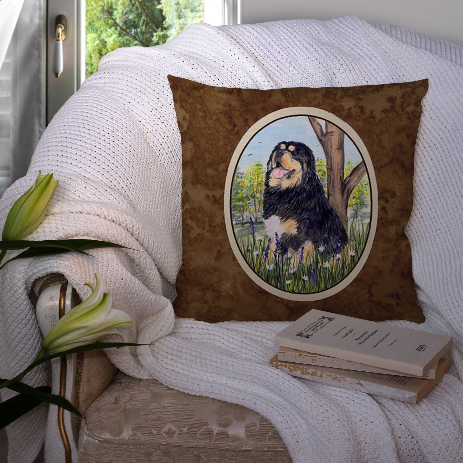 Tibetan Mastiff Decorative Throw Pillow 14x14 Indoor Outdoor Accent Cushion, Fabric Cover with Insert for Sofa, Bed, Porch & Living Room