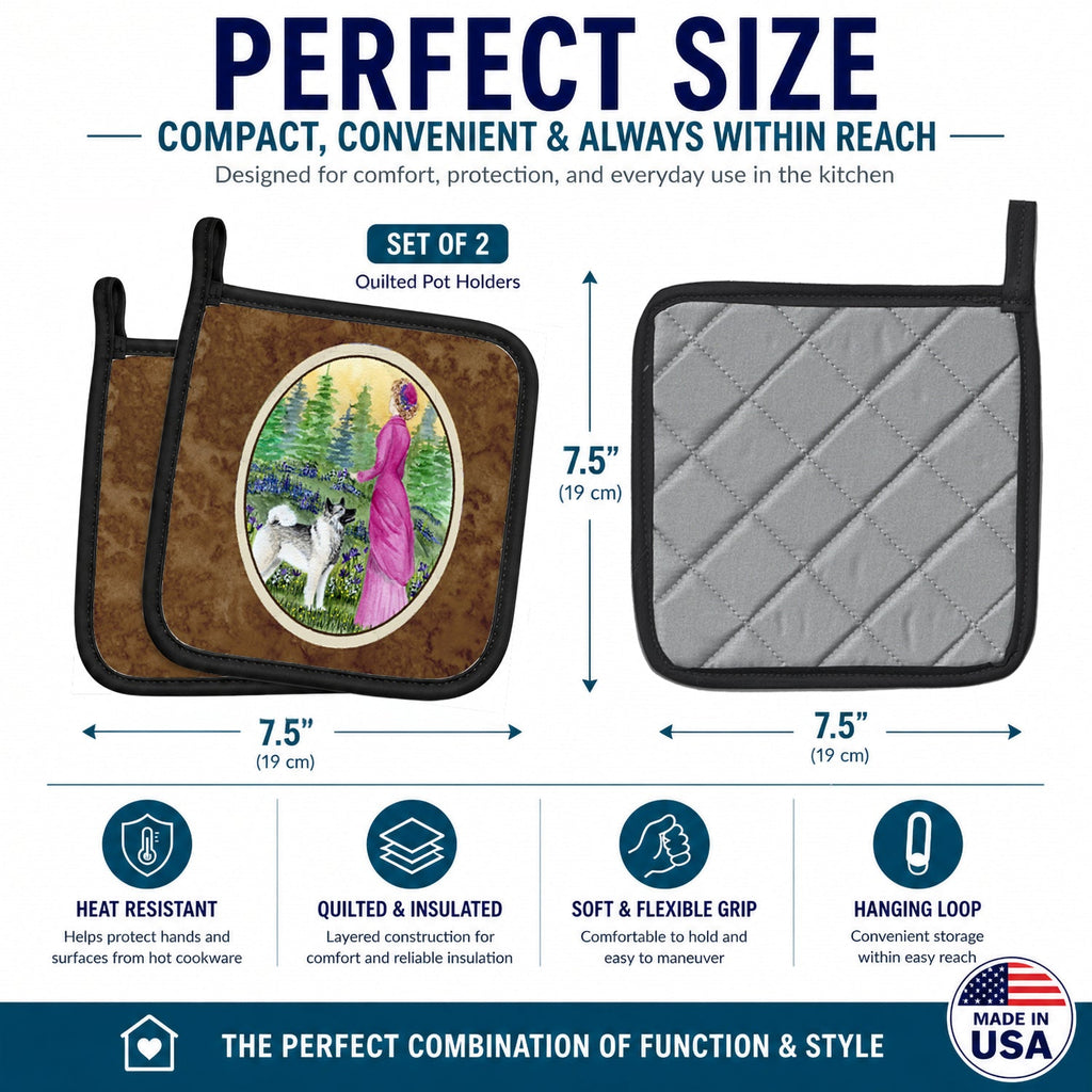 Lady with her Norwegian Elkhound Pot Holder Set of 2 Heat Resistant Quilted Hot Pads 7.5 x 7.5 Inch, Insulated Kitchen Trivets for Cooking & Baking
