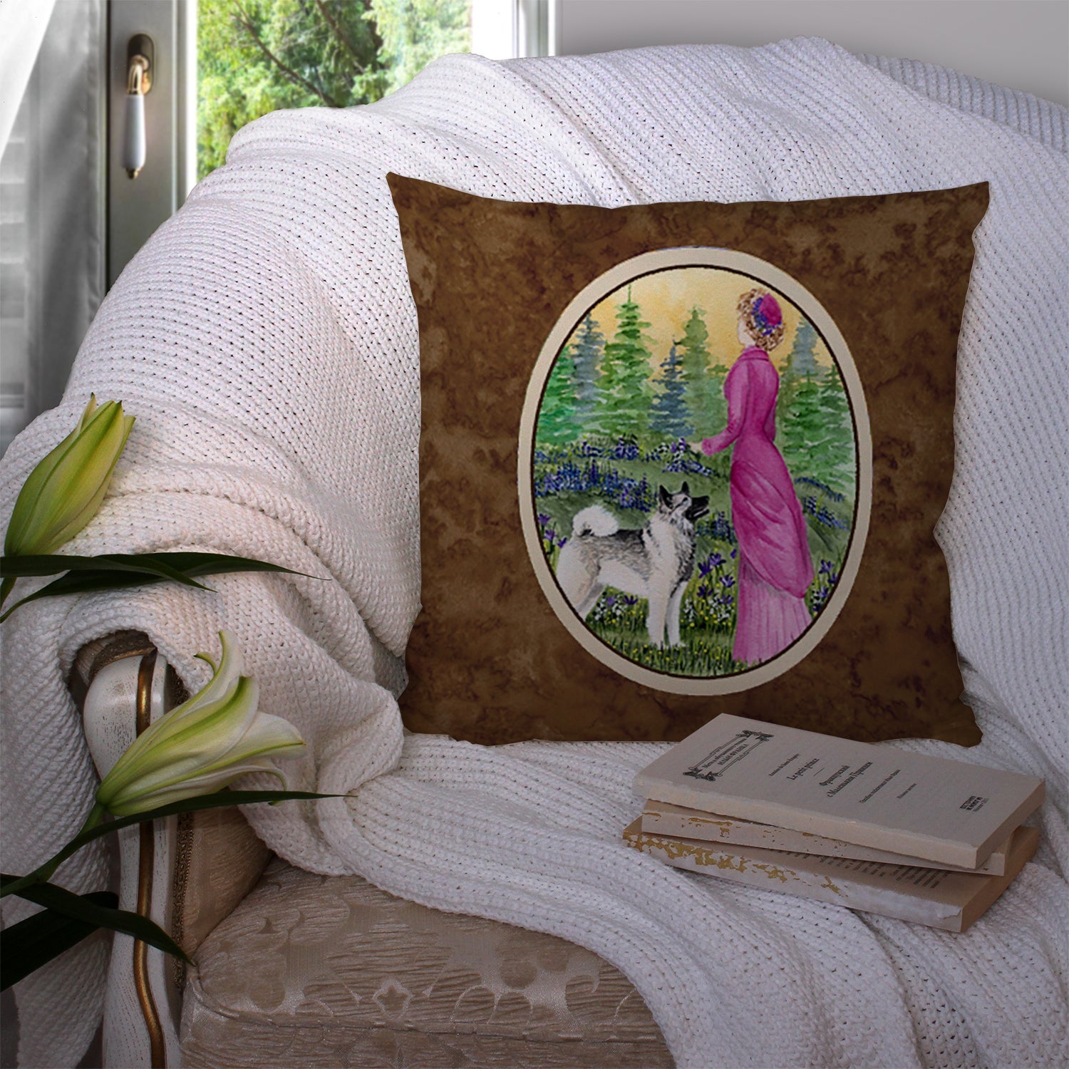 Lady with her Norwegian Elkhound Decorative Throw Pillow 14x14 Indoor Outdoor Accent Cushion, Fabric Cover with Insert for Sofa, Bed, Porch & Living Room