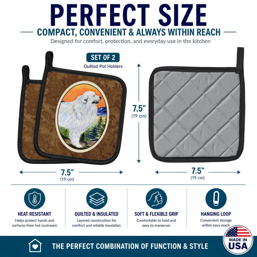 Great Pyrenees Pot Holder Set of 2 Heat Resistant Quilted Hot Pads 7.5 x 7.5 Inch, Insulated Kitchen Trivets for Cooking & Baking