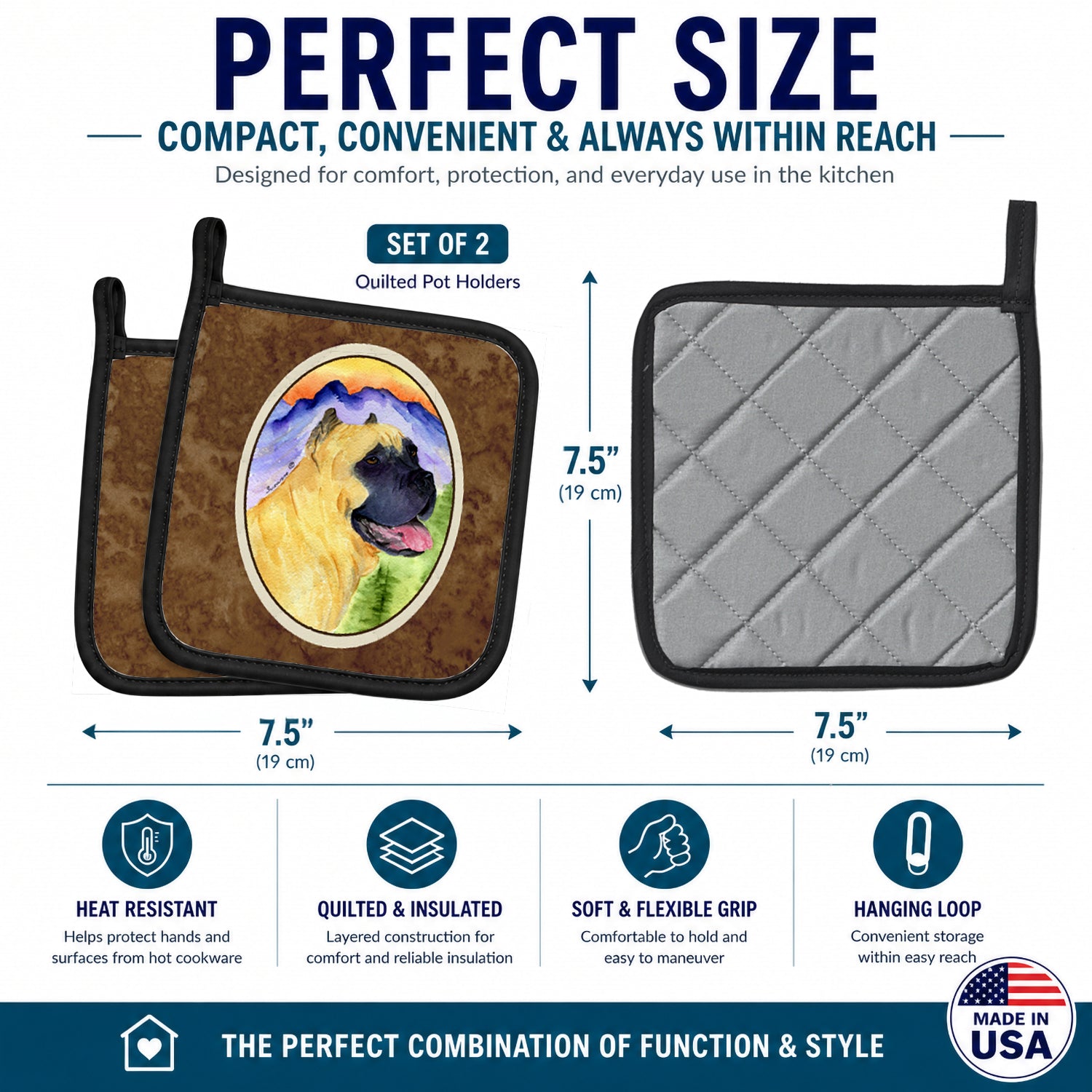 Cane Corso Pot Holder Set of 2 Heat Resistant Quilted Hot Pads 7.5 x 7.5 Inch, Insulated Kitchen Trivets for Cooking & Baking