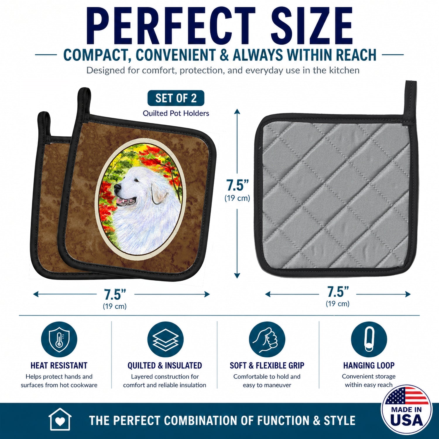 Great Pyrenees Pot Holder Set of 2 Heat Resistant Quilted Hot Pads 7.5 x 7.5 Inch, Insulated Kitchen Trivets for Cooking & Baking