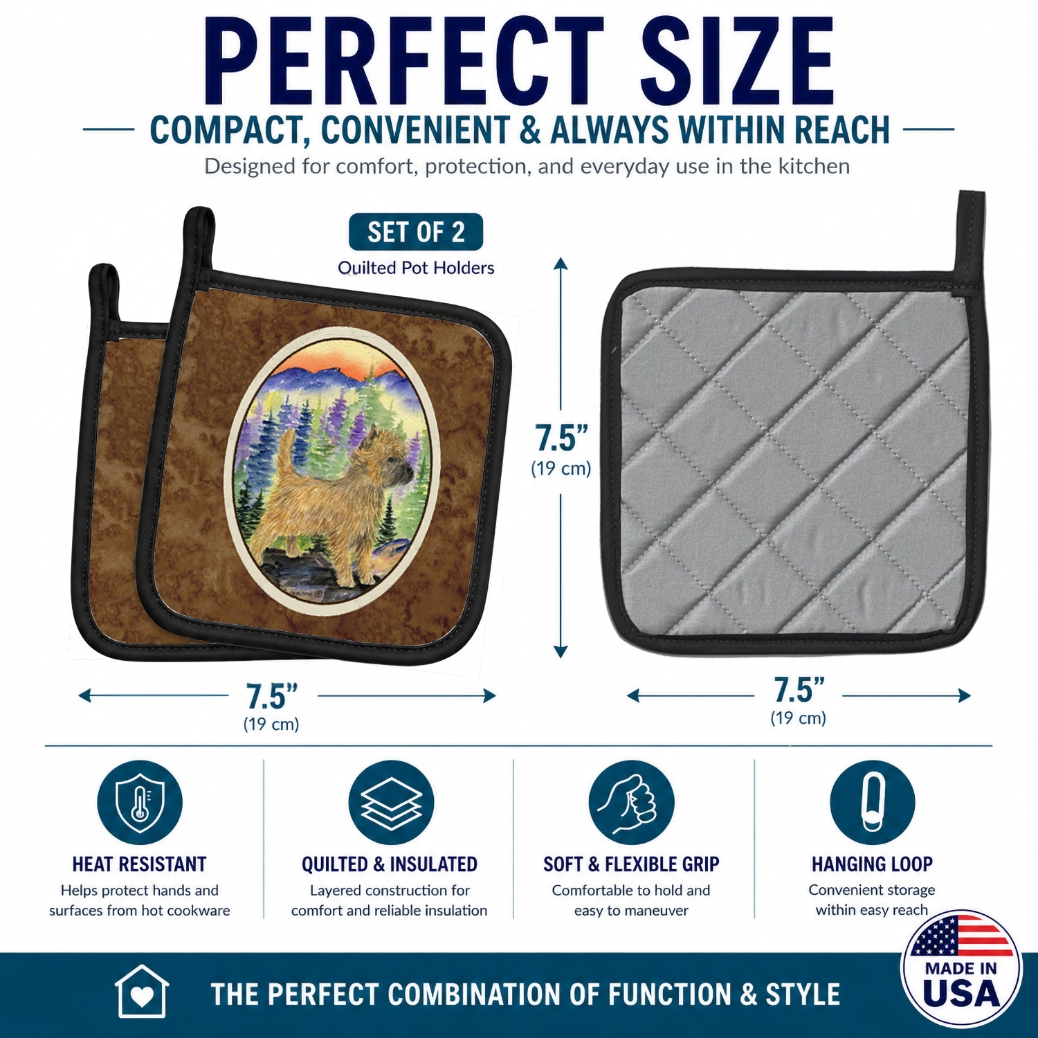 Cairn Terrier Pot Holder Set of 2 Heat Resistant Quilted Hot Pads 7.5 x 7.5 Inch, Insulated Kitchen Trivets for Cooking & Baking