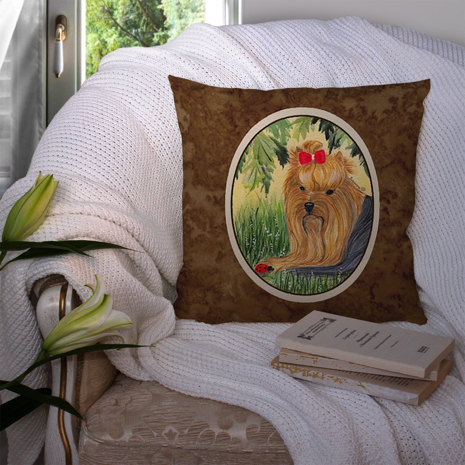 Yorkie Decorative Throw Pillow 14x14 Indoor Outdoor Accent Cushion, Fabric Cover with Insert for Sofa, Bed, Porch & Living Room