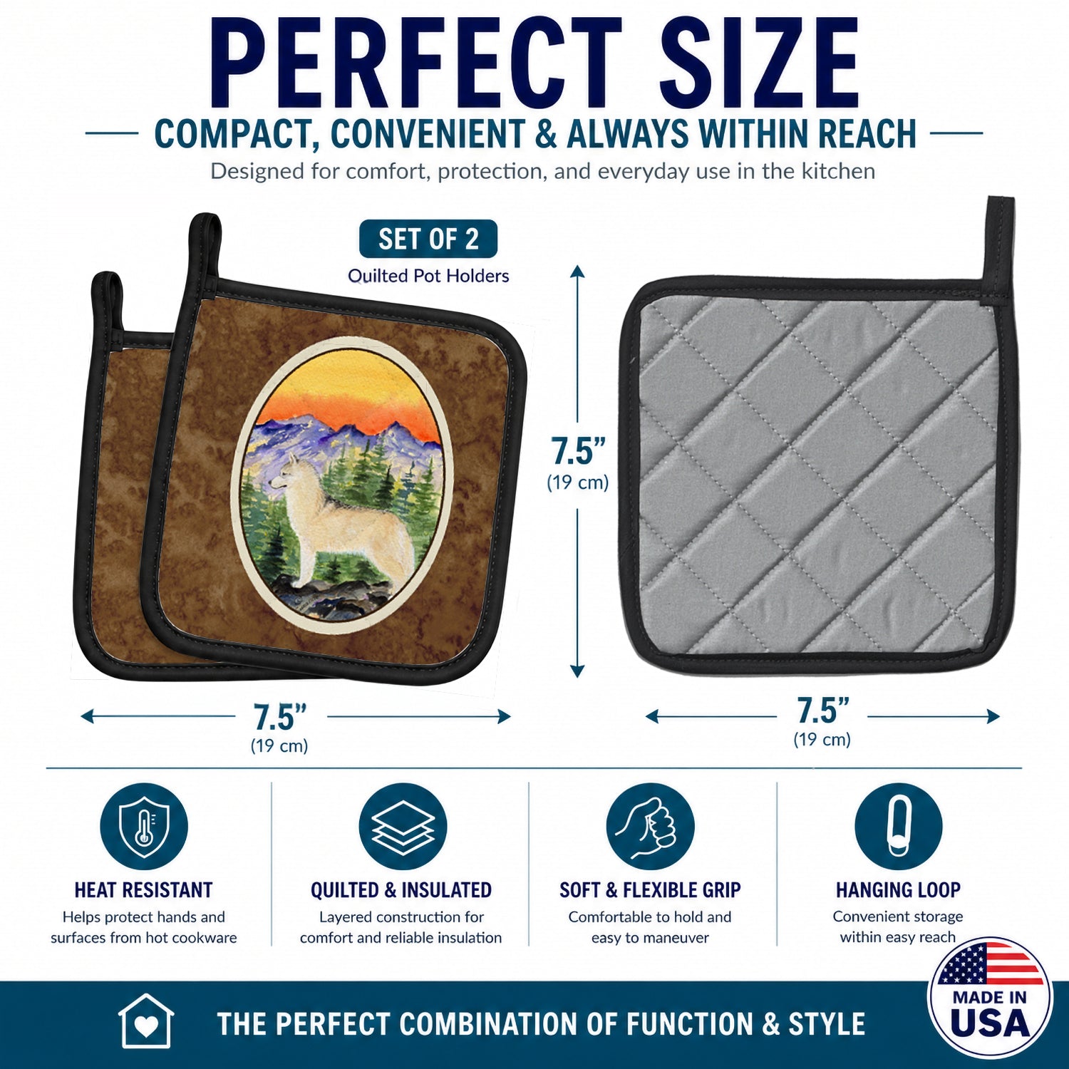 Siberian Husky Pot Holder Set of 2 Heat Resistant Quilted Hot Pads 7.5 x 7.5 Inch, Insulated Kitchen Trivets for Cooking & Baking