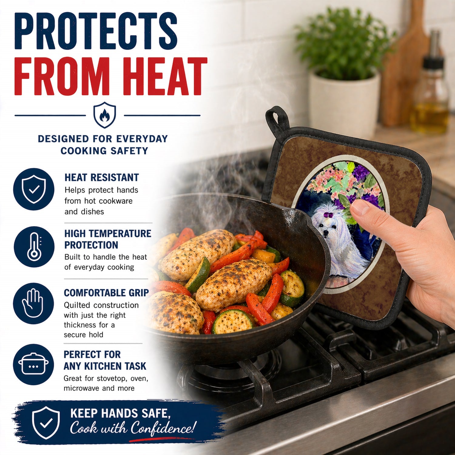 Maltese Pot Holder Set of 2 Heat Resistant Quilted Hot Pads 7.5 x 7.5 Inch, Insulated Kitchen Trivets for Cooking & Baking