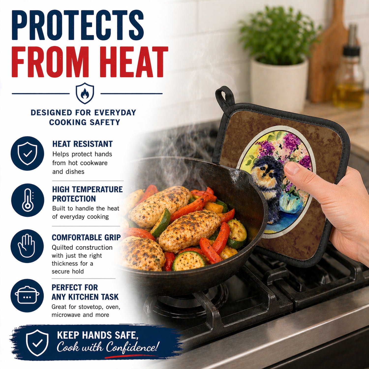 Pomeranian Pot Holder Set of 2 Heat Resistant Quilted Hot Pads 7.5 x 7.5 Inch, Insulated Kitchen Trivets for Cooking & Baking
