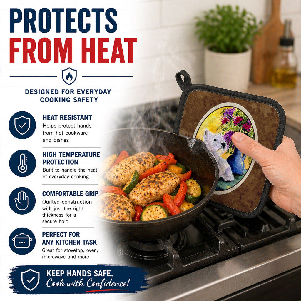 Westie Pot Holder Set of 2 Heat Resistant Quilted Hot Pads 7.5 x 7.5 Inch, Insulated Kitchen Trivets for Cooking & Baking