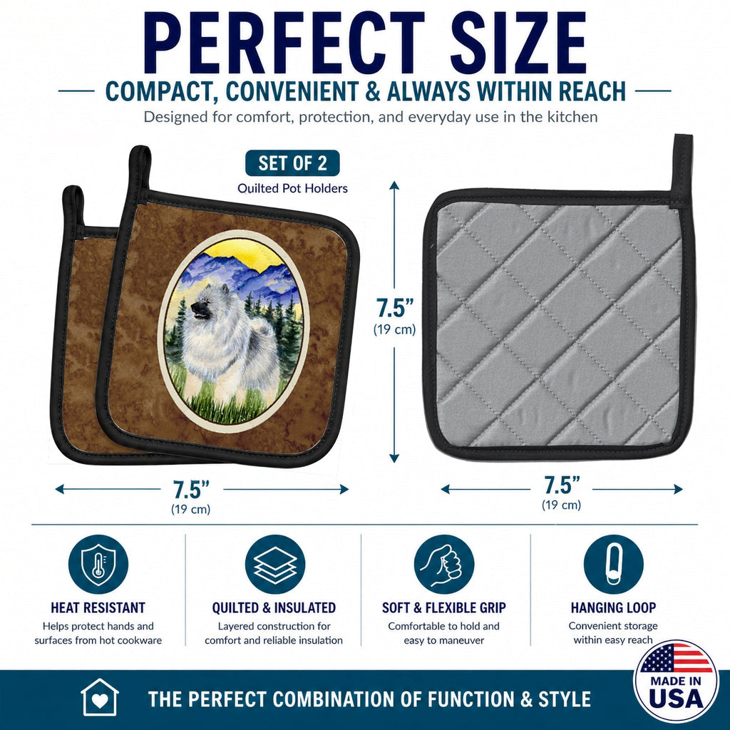 Keeshond Pot Holder Set of 2 Heat Resistant Quilted Hot Pads 7.5 x 7.5 Inch, Insulated Kitchen Trivets for Cooking & Baking