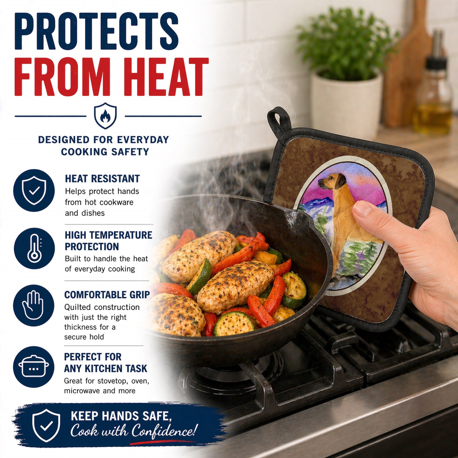 Rhodesian Ridgeback Pot Holder Set of 2 Heat Resistant Quilted Hot Pads 7.5 x 7.5 Inch, Insulated Kitchen Trivets for Cooking & Baking