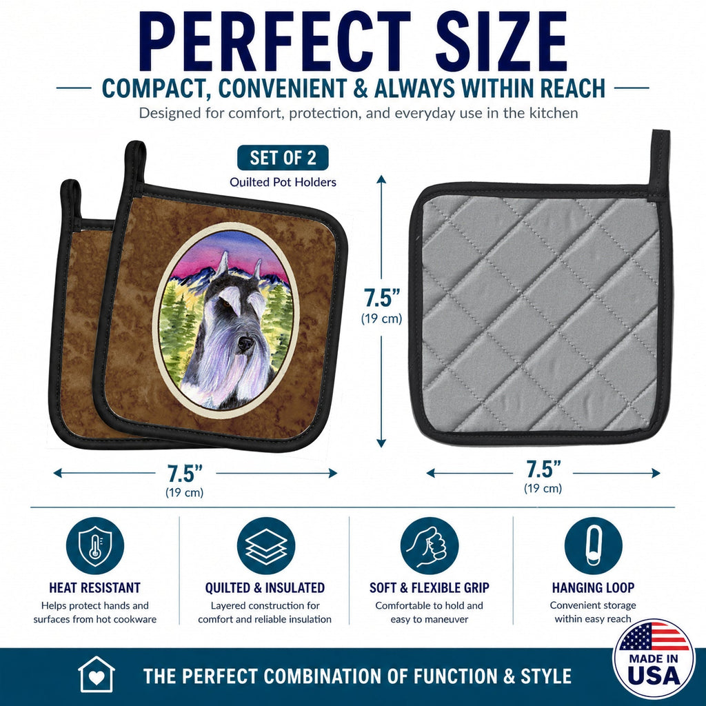 Schnauzer Pot Holder Set of 2 Heat Resistant Quilted Hot Pads 7.5 x 7.5 Inch, Insulated Kitchen Trivets for Cooking & Baking
