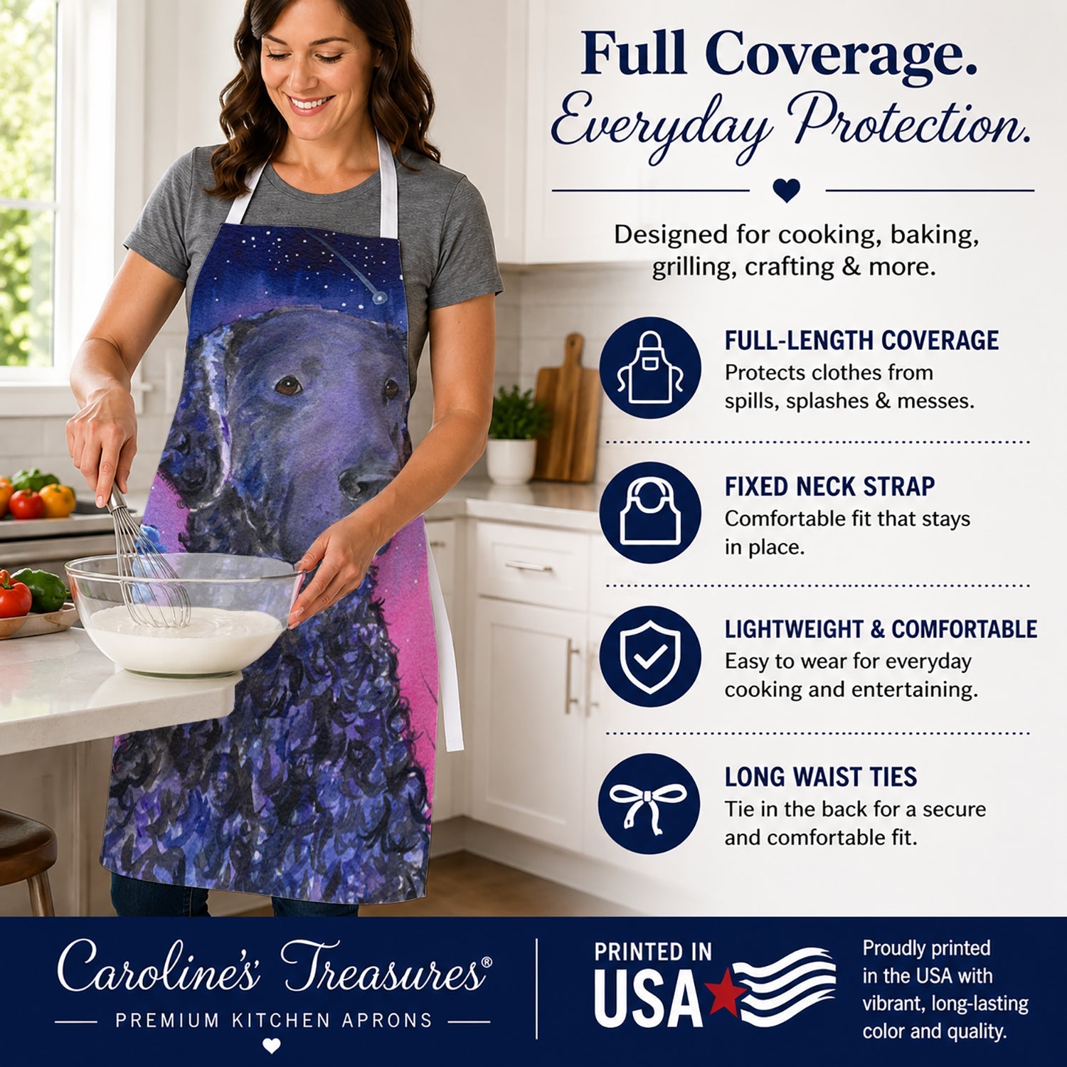 Starry Night Curly Coated Retriever Apron Cooking Kitchen Server Baking Crafts Gardening for Adult Women Men, Unisex, Large, Multicolor