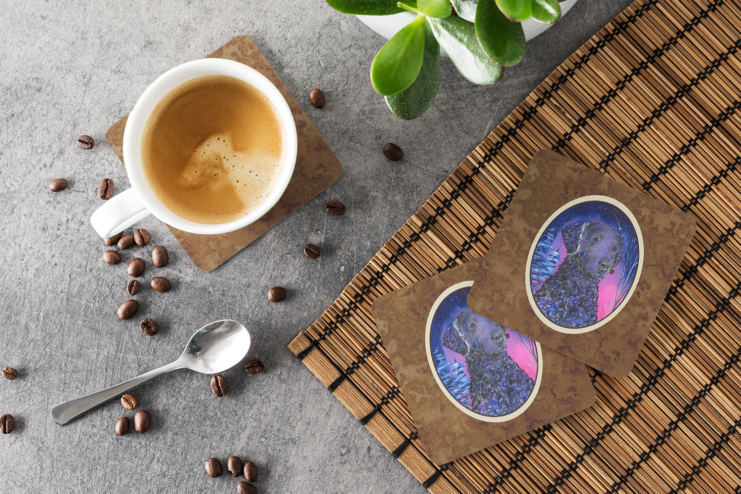 Starry Night Curly Coated Retriever Foam Coasters Set of 4 Cup Coasters for Indoor Outdoor, Tabletop Protection, Anti Slip, Mouse pad Material