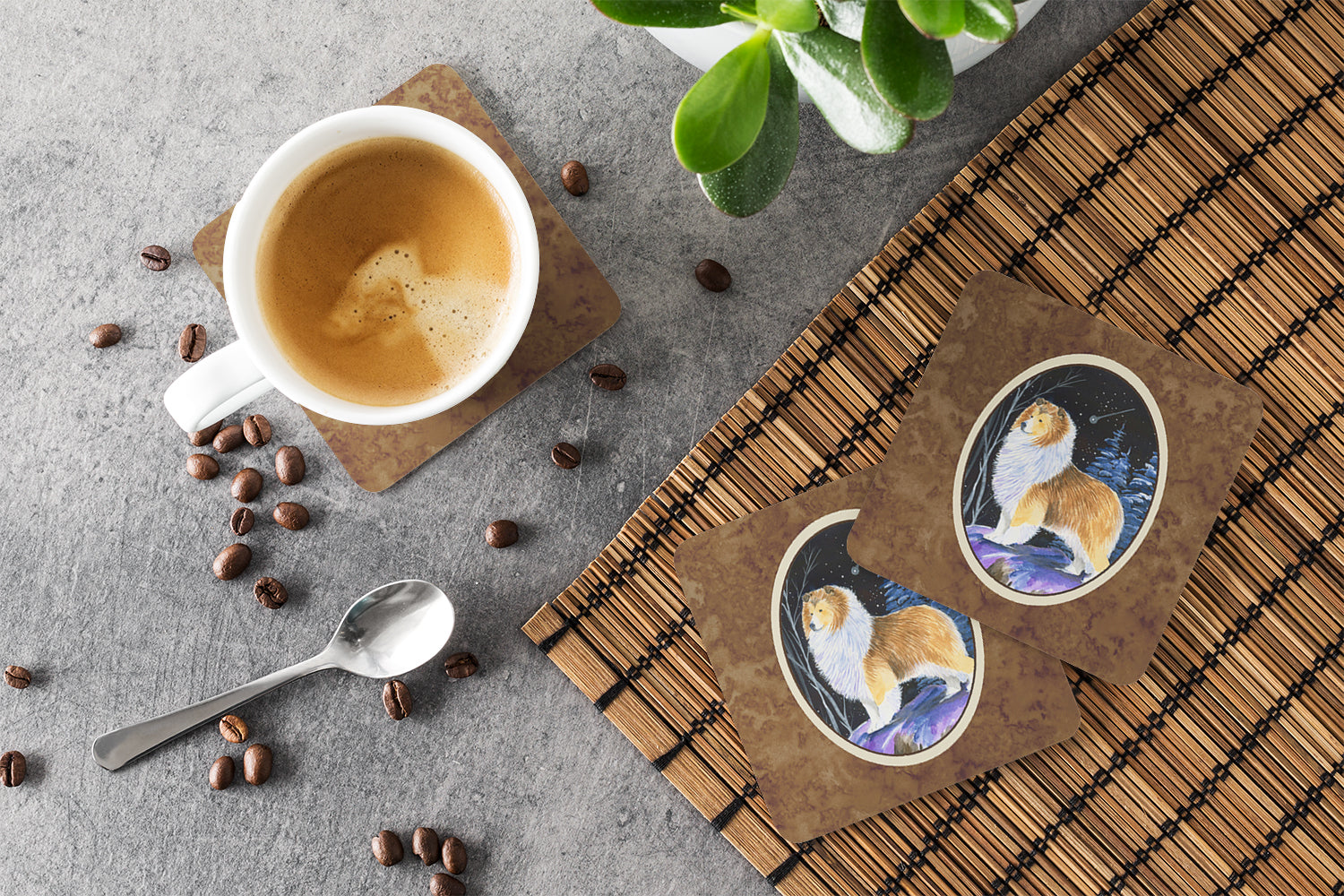 Starry Night Sheltie Foam Coasters Set of 4 Cup Coasters for Indoor Outdoor, Tabletop Protection, Anti Slip, Mouse pad Material