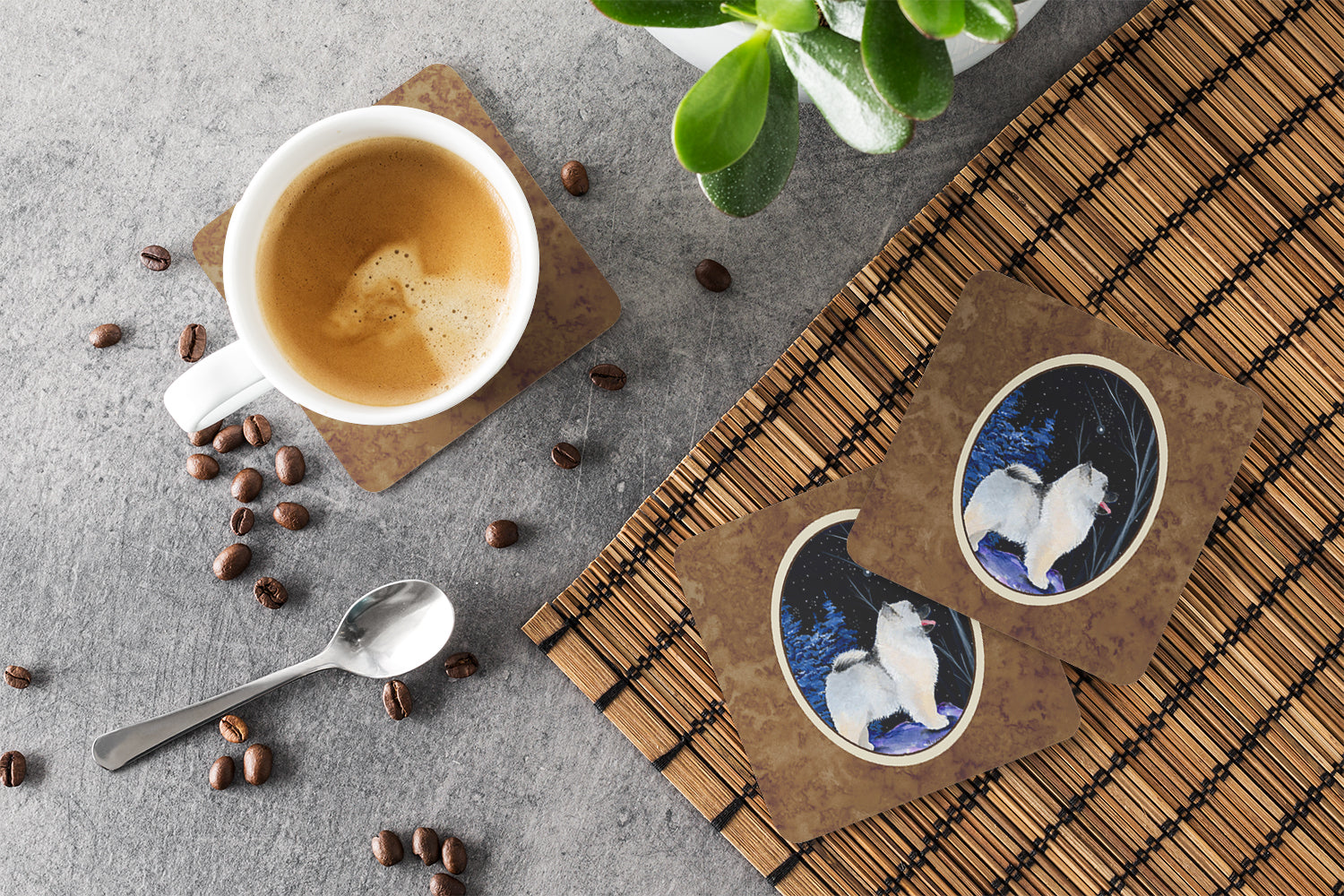 Starry Night Keeshond Foam Coasters Set of 4 Cup Coasters for Indoor Outdoor, Tabletop Protection, Anti Slip, Mouse pad Material