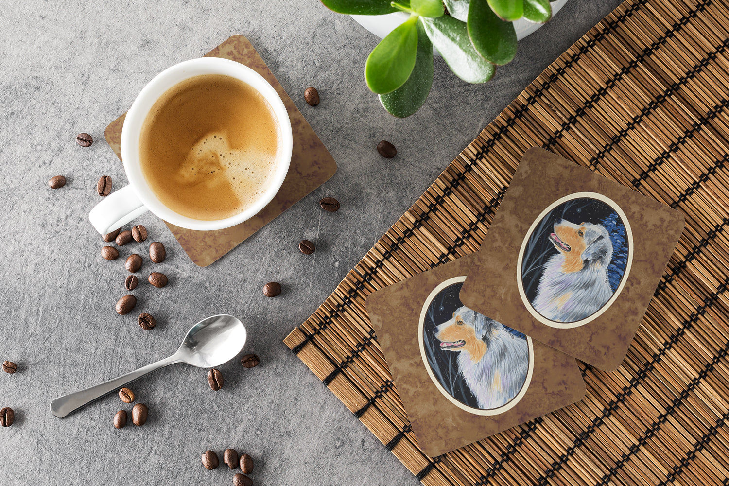 Starry Night Australian Shepherd Foam Coasters Set of 4 Cup Coasters for Indoor Outdoor, Tabletop Protection, Anti Slip, Mouse pad Material