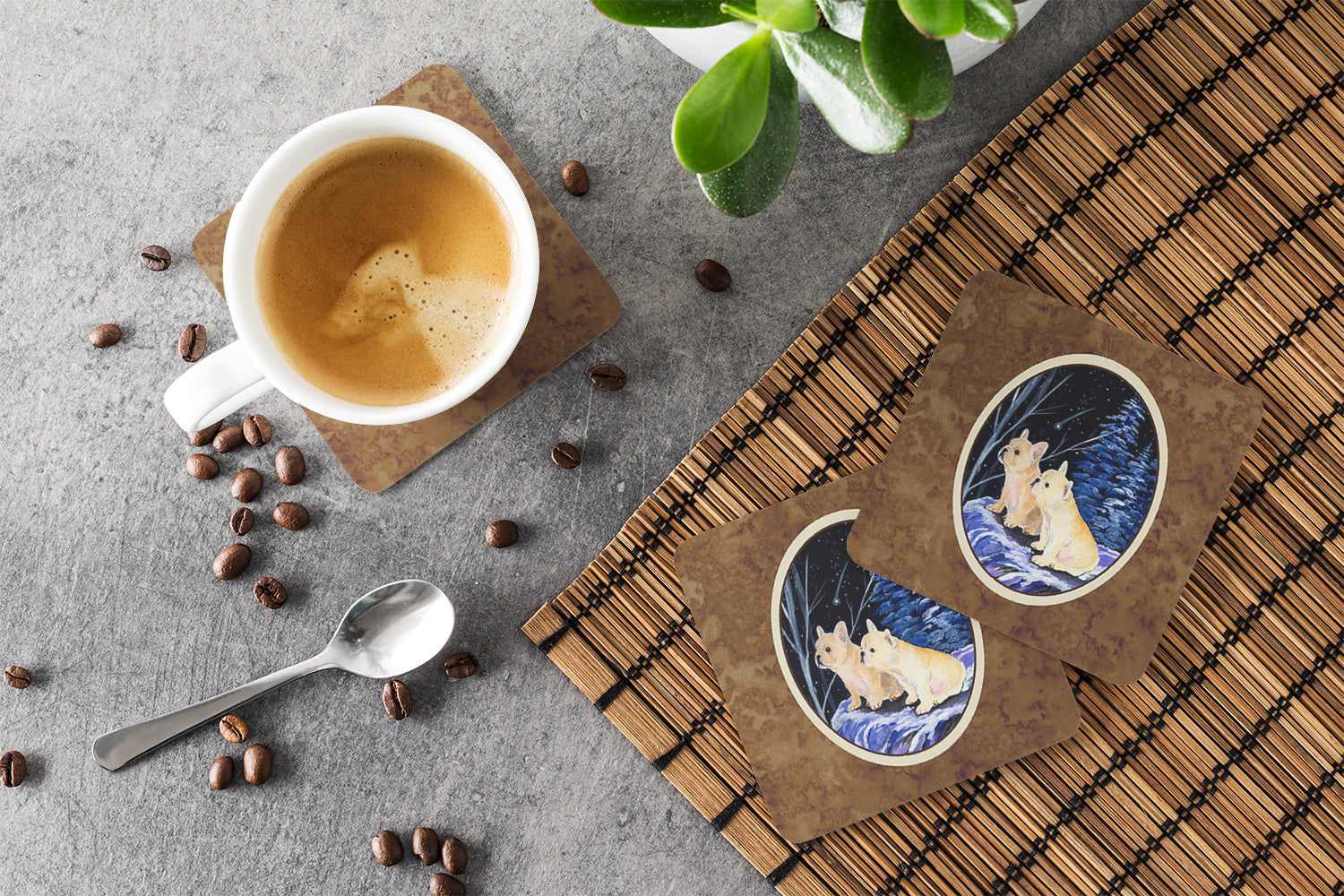 Starry Night French Bulldog Foam Coasters Set of 4 Cup Coasters for Indoor Outdoor, Tabletop Protection, Anti Slip, Mouse pad Material