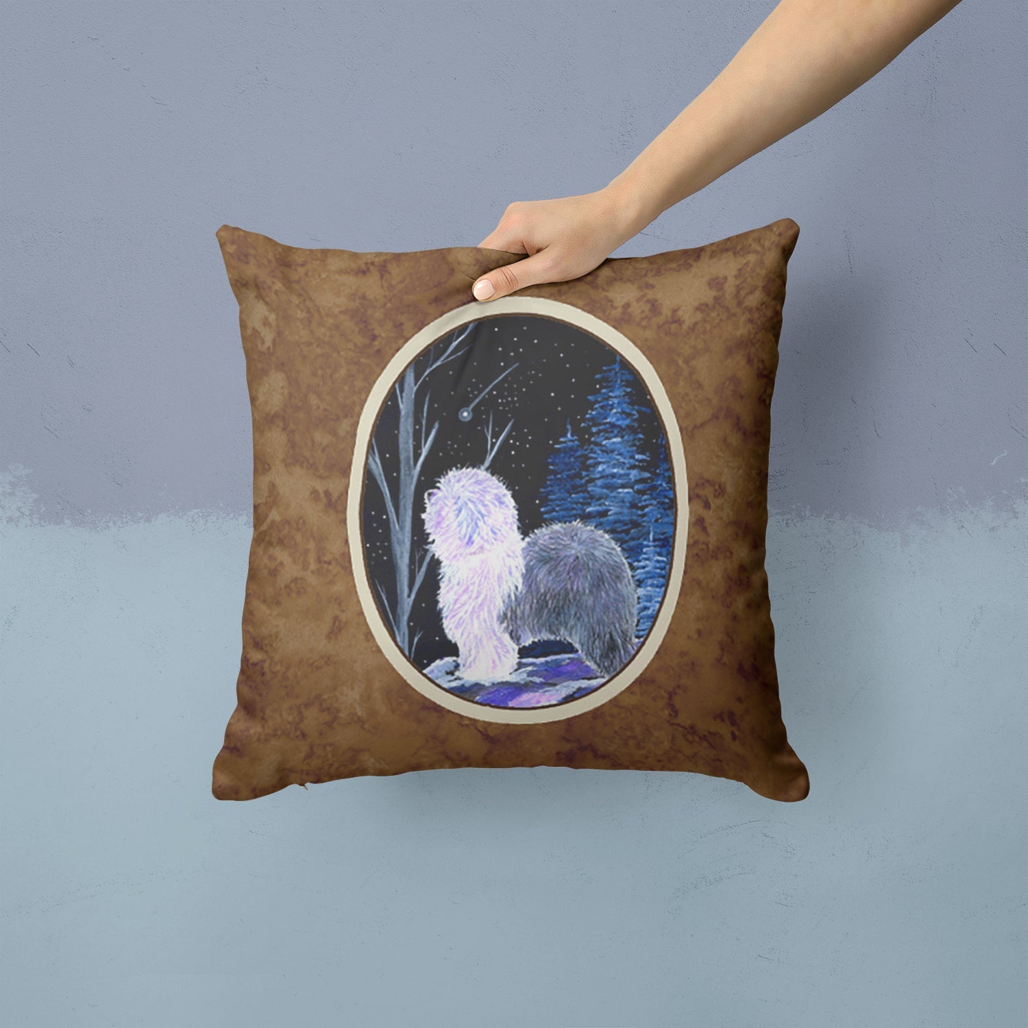 Starry Night Old English Sheepdog Decorative Throw Pillow 14x14 Indoor Outdoor Accent Cushion, Fabric Cover with Insert for Sofa, Bed, Porch & Living Room