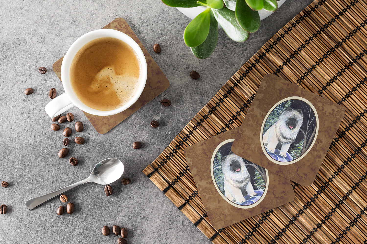 Starry Night Keeshond Foam Coasters Set of 4 Cup Coasters for Indoor Outdoor, Tabletop Protection, Anti Slip, Mouse pad Material