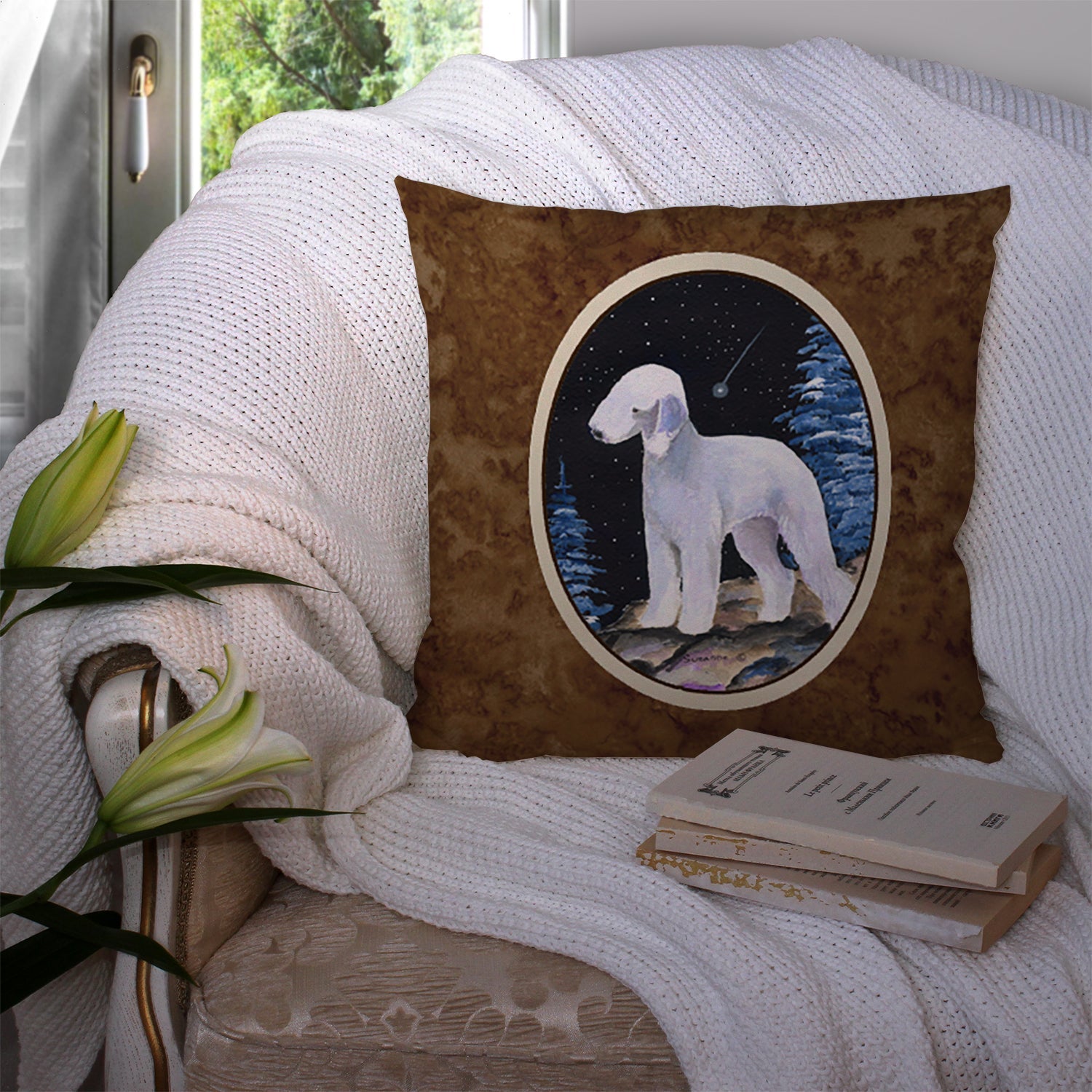 Starry Night Bedlington Terrier Decorative Throw Pillow 14x14 Indoor Outdoor Accent Cushion, Fabric Cover with Insert for Sofa, Bed, Porch & Living Room