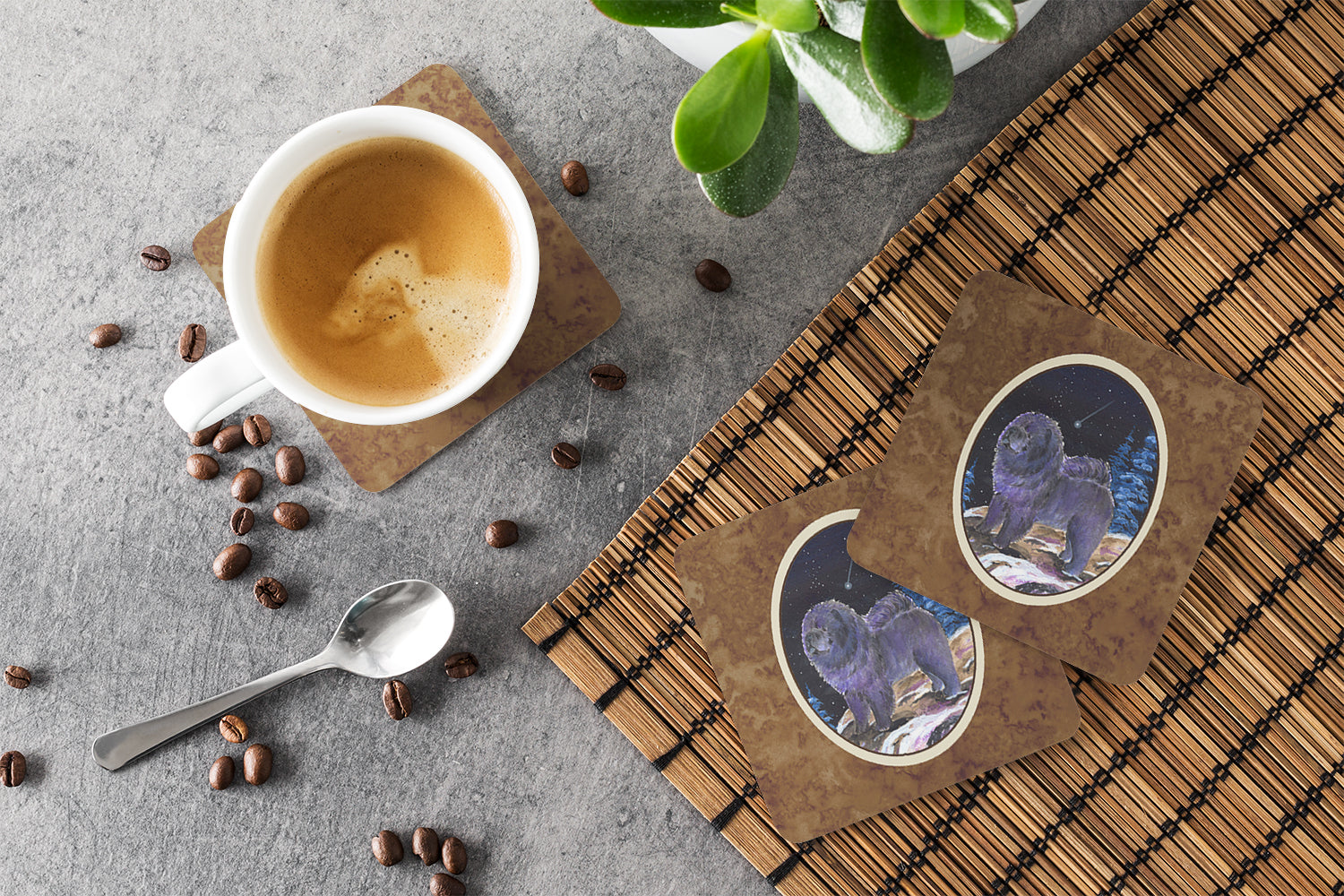 Starry Night Chow Chow Foam Coasters Set of 4 Cup Coasters for Indoor Outdoor, Tabletop Protection, Anti Slip, Mouse pad Material