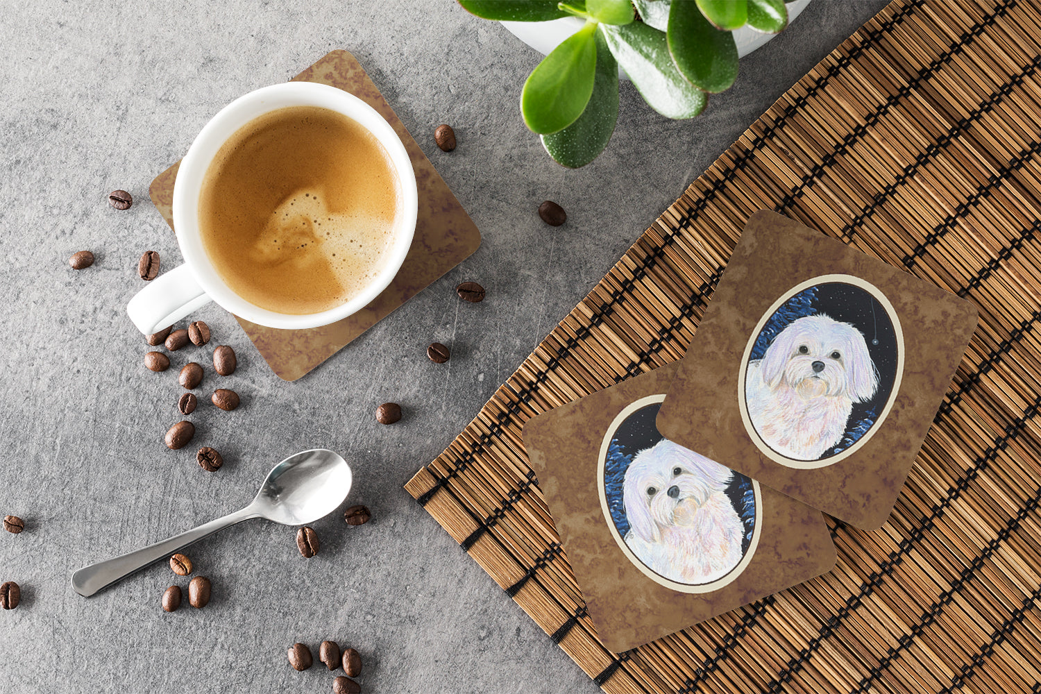Starry Night Maltese Foam Coasters Set of 4 Cup Coasters for Indoor Outdoor, Tabletop Protection, Anti Slip, Mouse pad Material