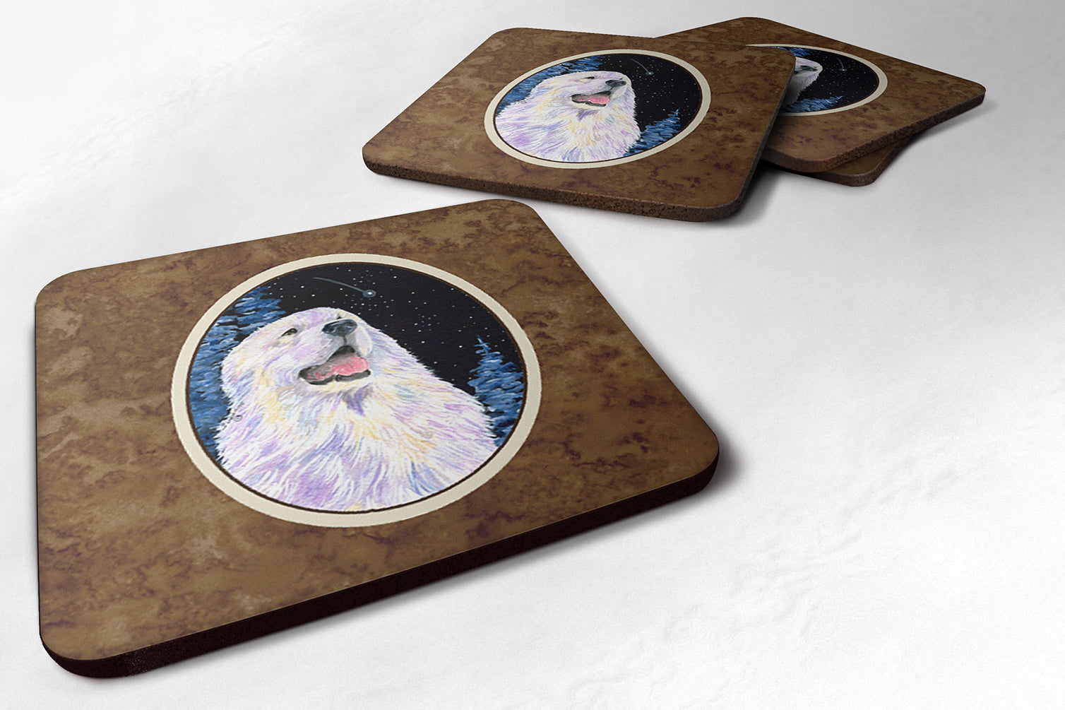 Starry Night Great Pyrenees Foam Coasters Set of 4 Cup Coasters for Indoor Outdoor, Tabletop Protection, Anti Slip, Mouse pad Material