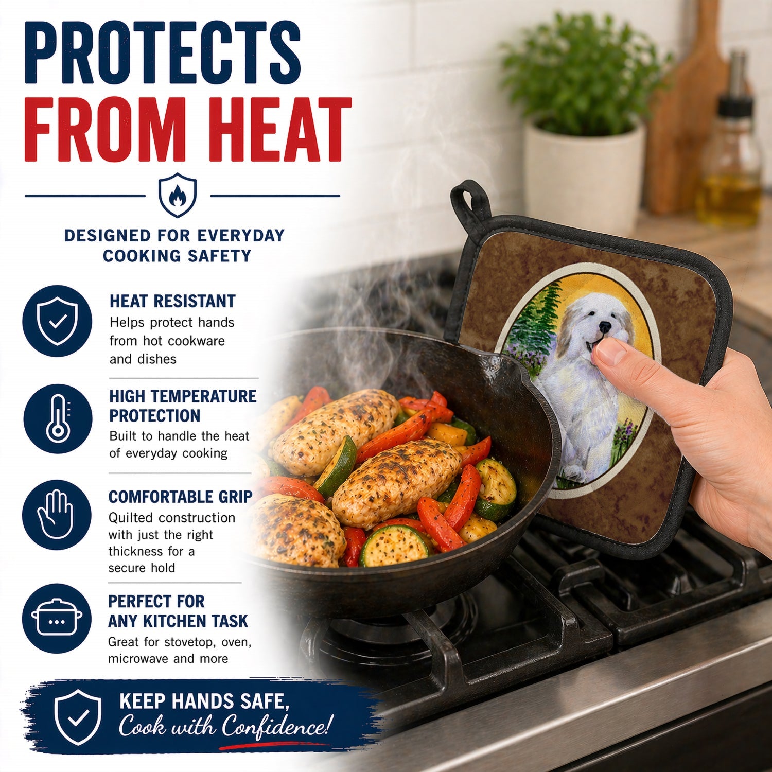 Great Pyrenees Pot Holder Set of 2 Heat Resistant Quilted Hot Pads 7.5 x 7.5 Inch, Insulated Kitchen Trivets for Cooking & Baking